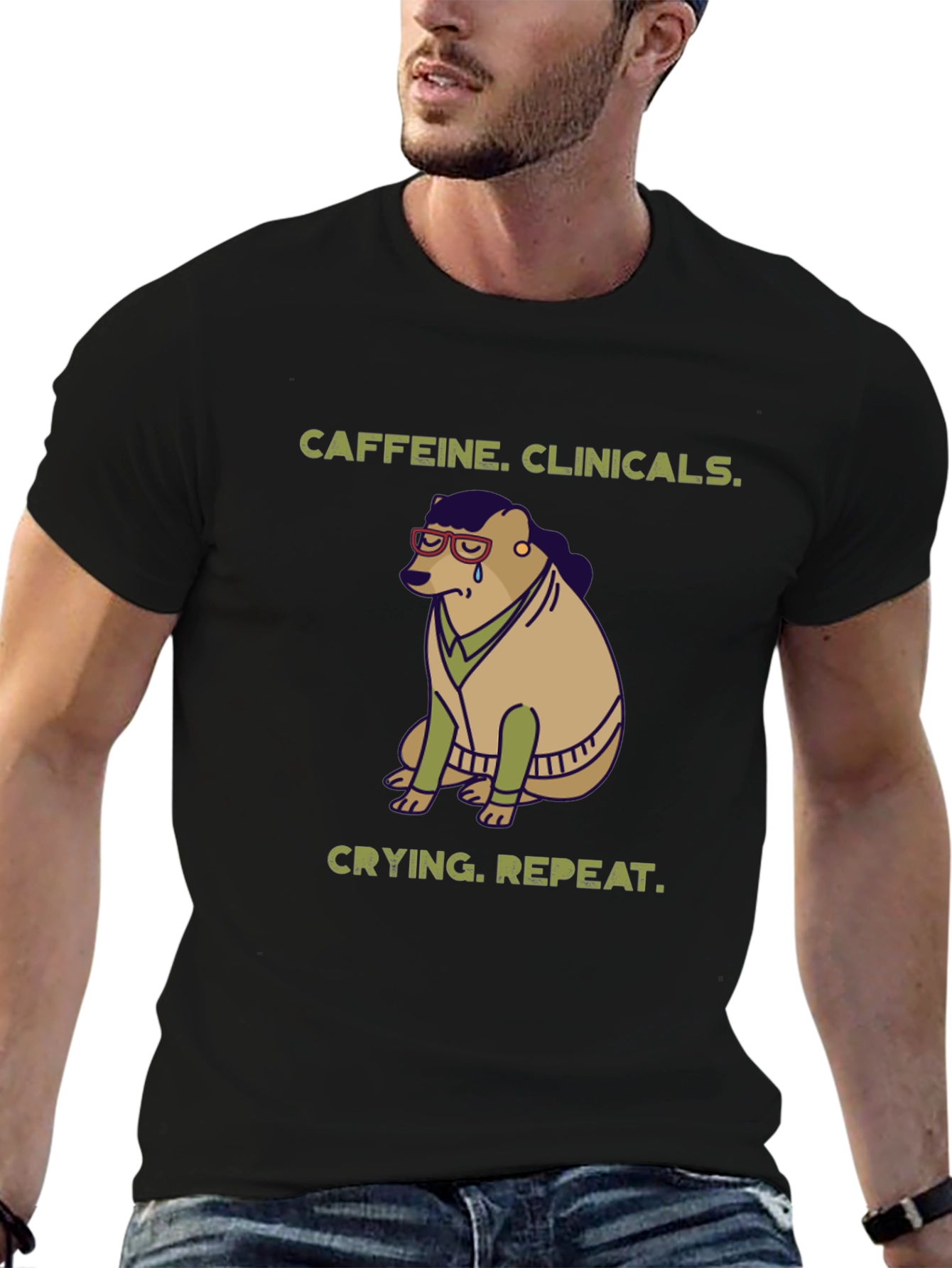 Caffeine Clinicals Crying Repeat Black Graphic T-Shirt