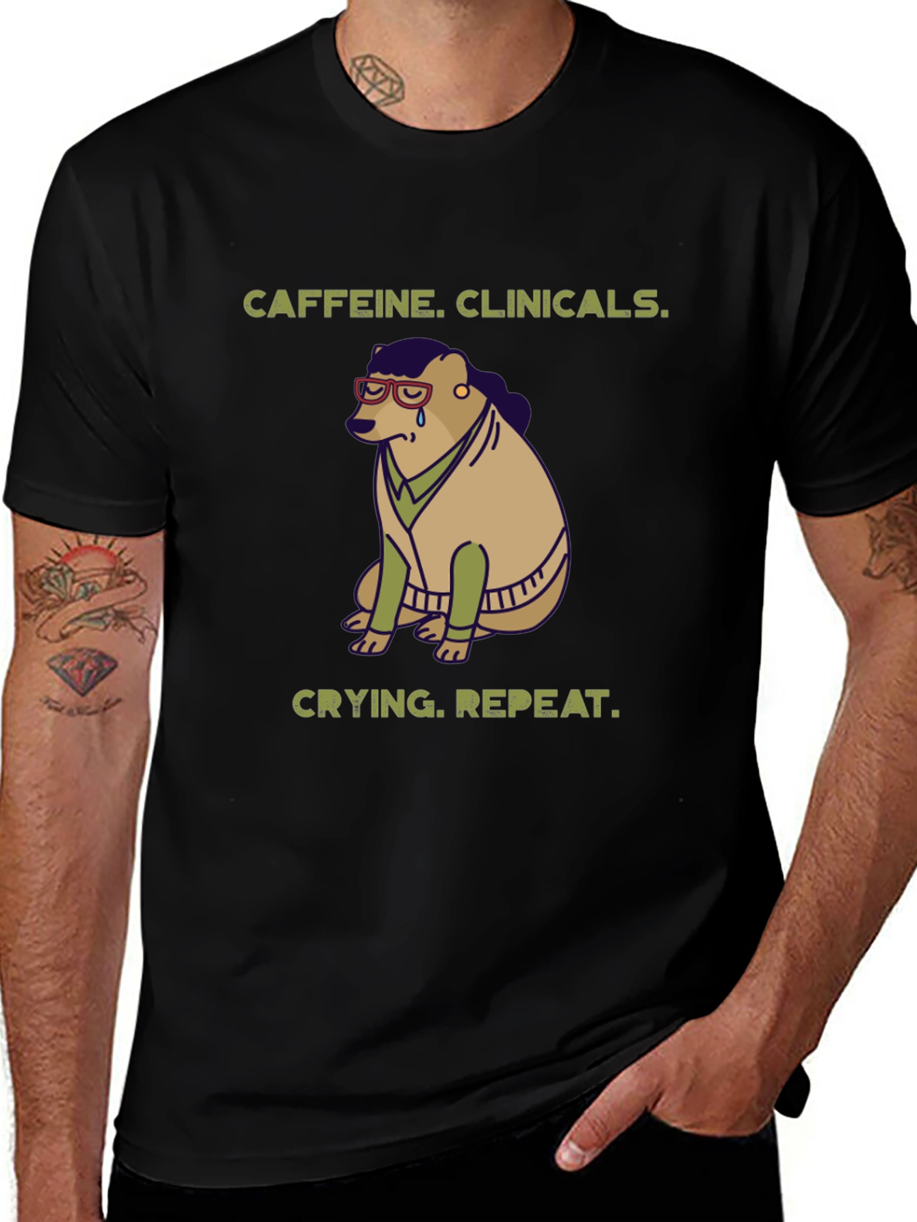 Caffeine Clinicals Crying Repeat Black Graphic T-Shirt