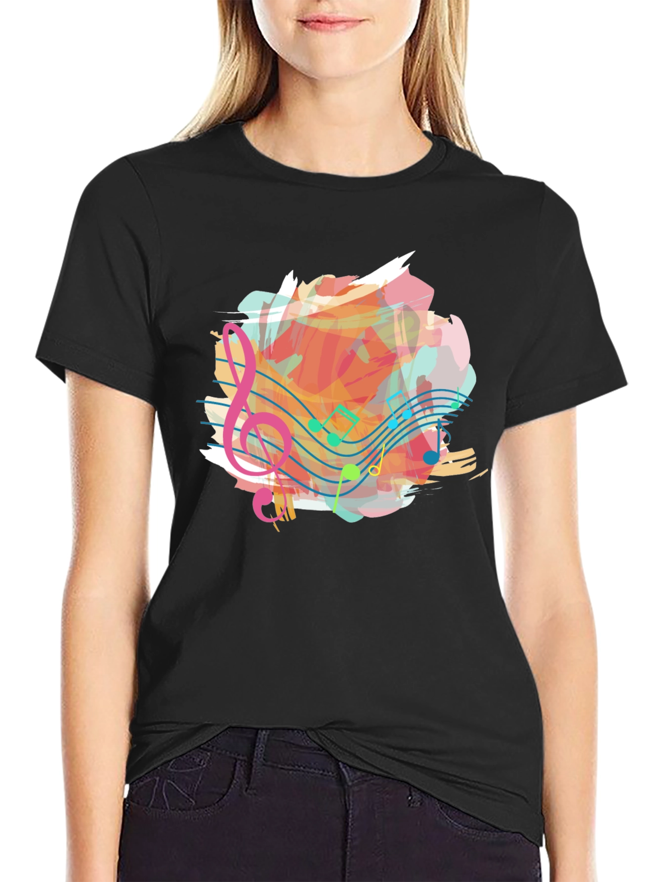 Musical Note Splash Graphic Tee - Black Cotton Shirt