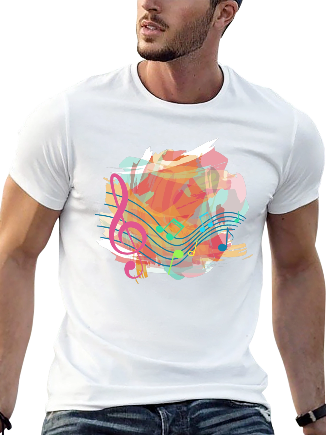 Musical Note Splash Graphic Tee - Black Cotton Shirt