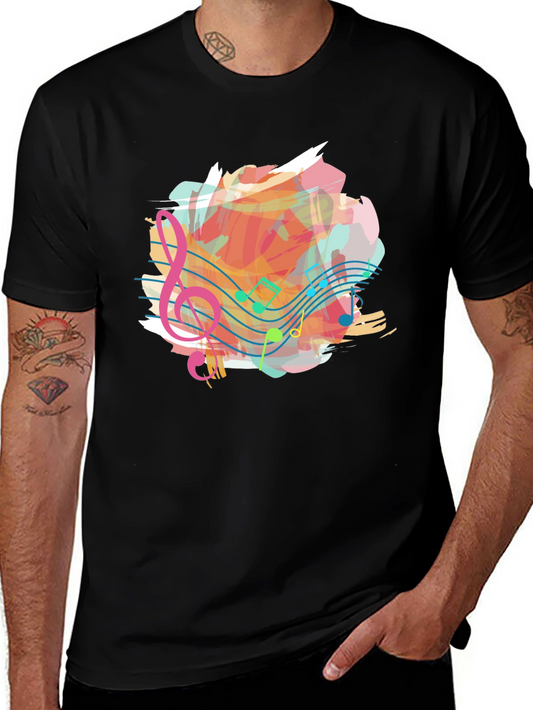 Musical Note Splash Graphic Tee - Black Cotton Shirt