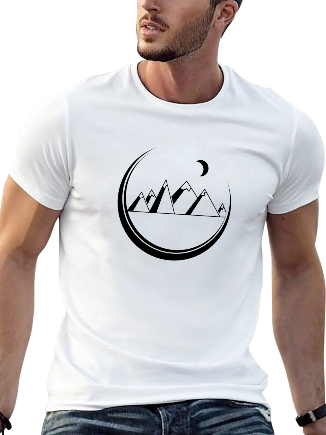 Mountains Under Moon Graphic Tee - Black Cotton T-Shirt