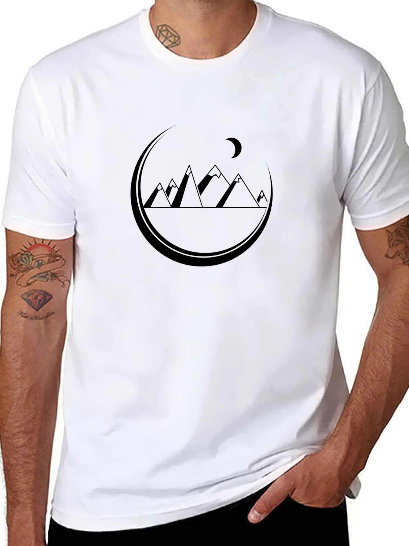 Mountains Under Moon Graphic Tee - Black Cotton T-Shirt