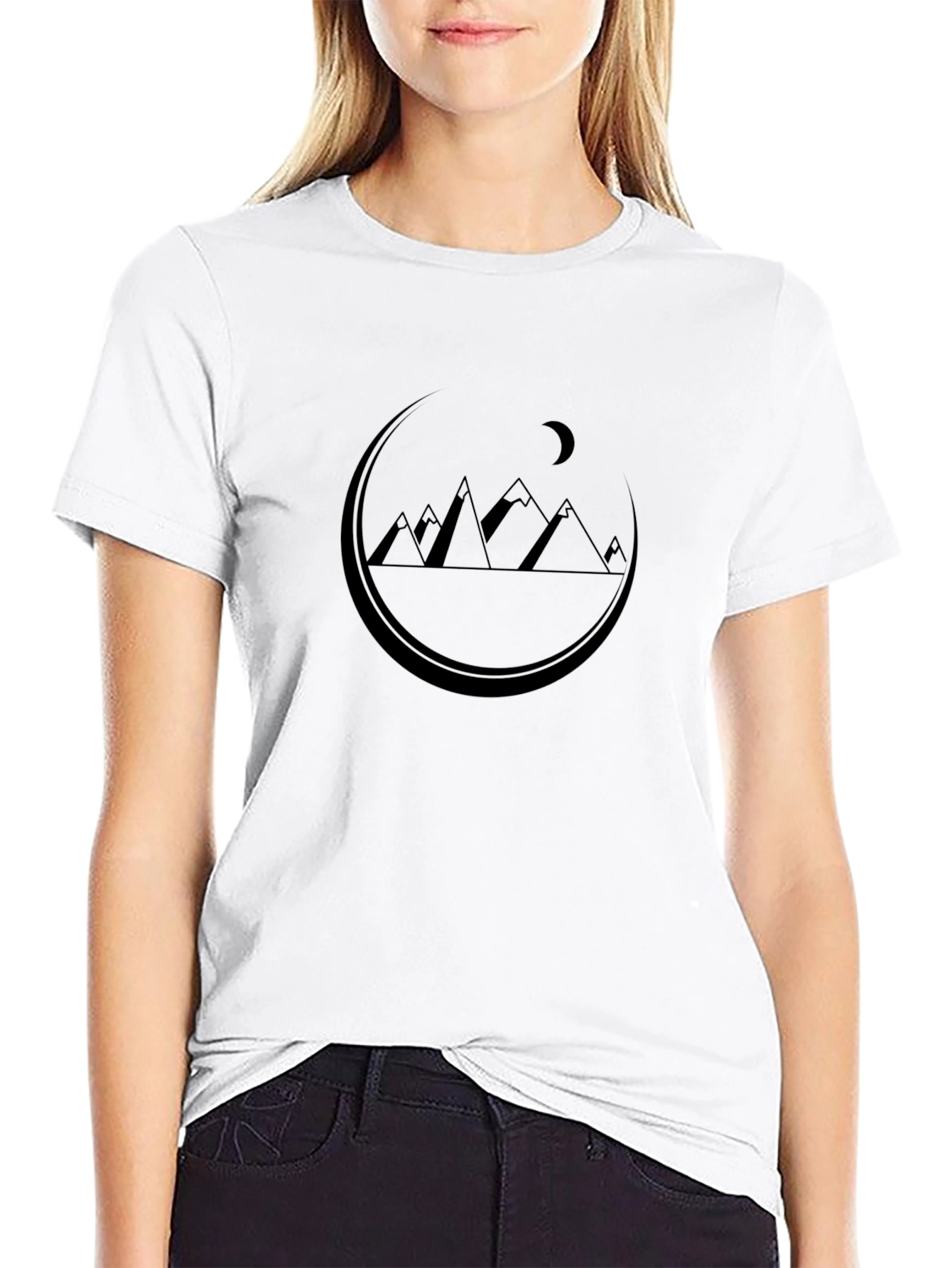 Mountains Under Moon Graphic Tee - Black Cotton T-Shirt