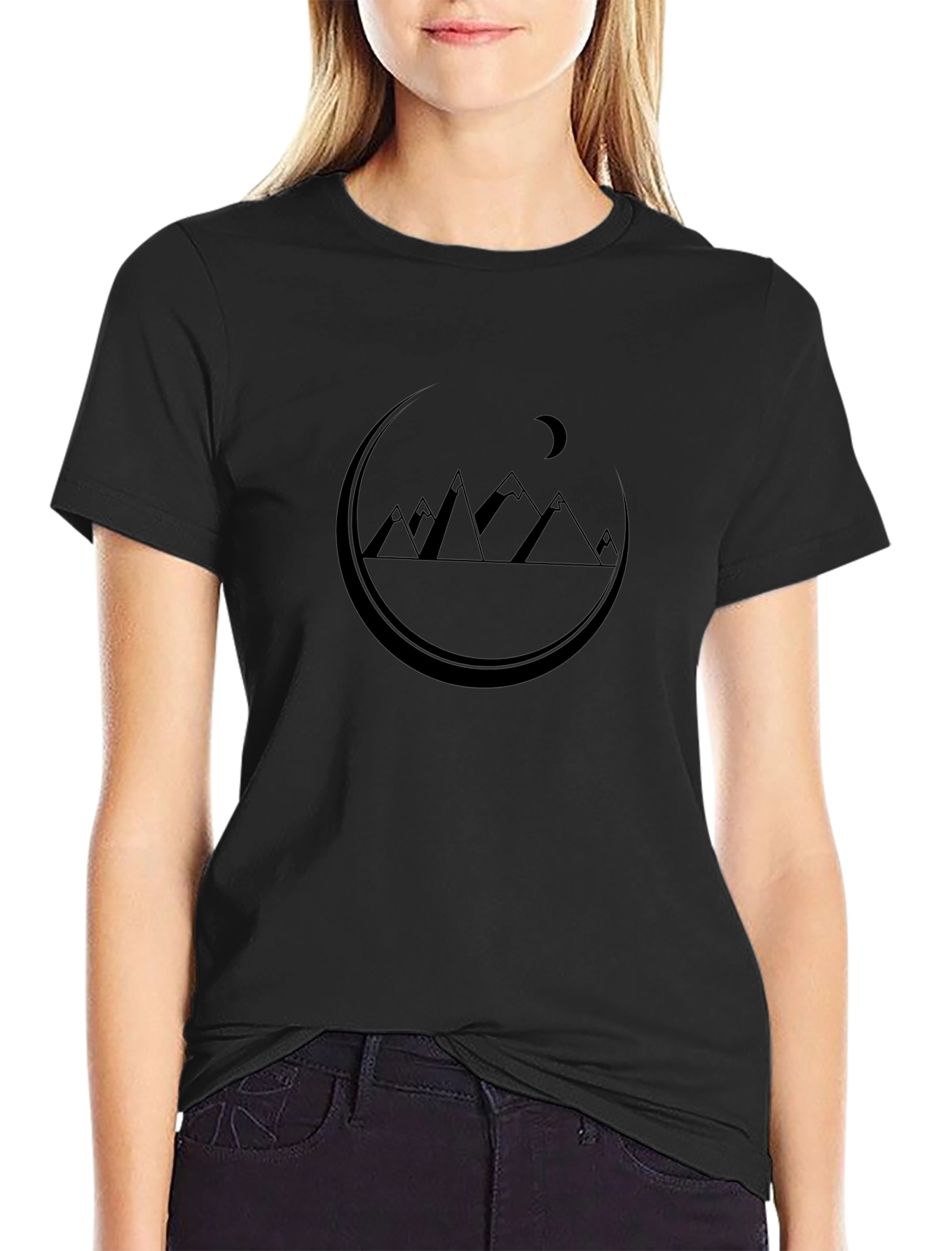 Mountains Under Moon Graphic Tee - Black Cotton T-Shirt