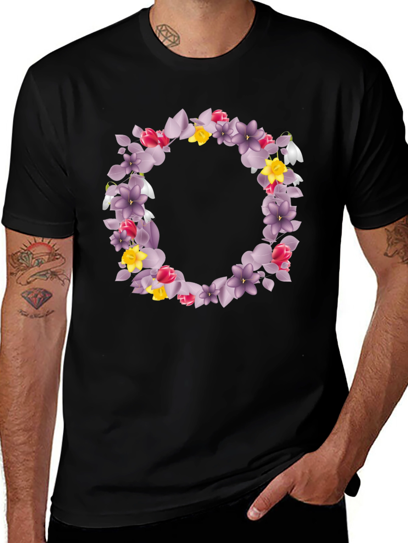 Floral Wreath Graphic Black T-Shirt