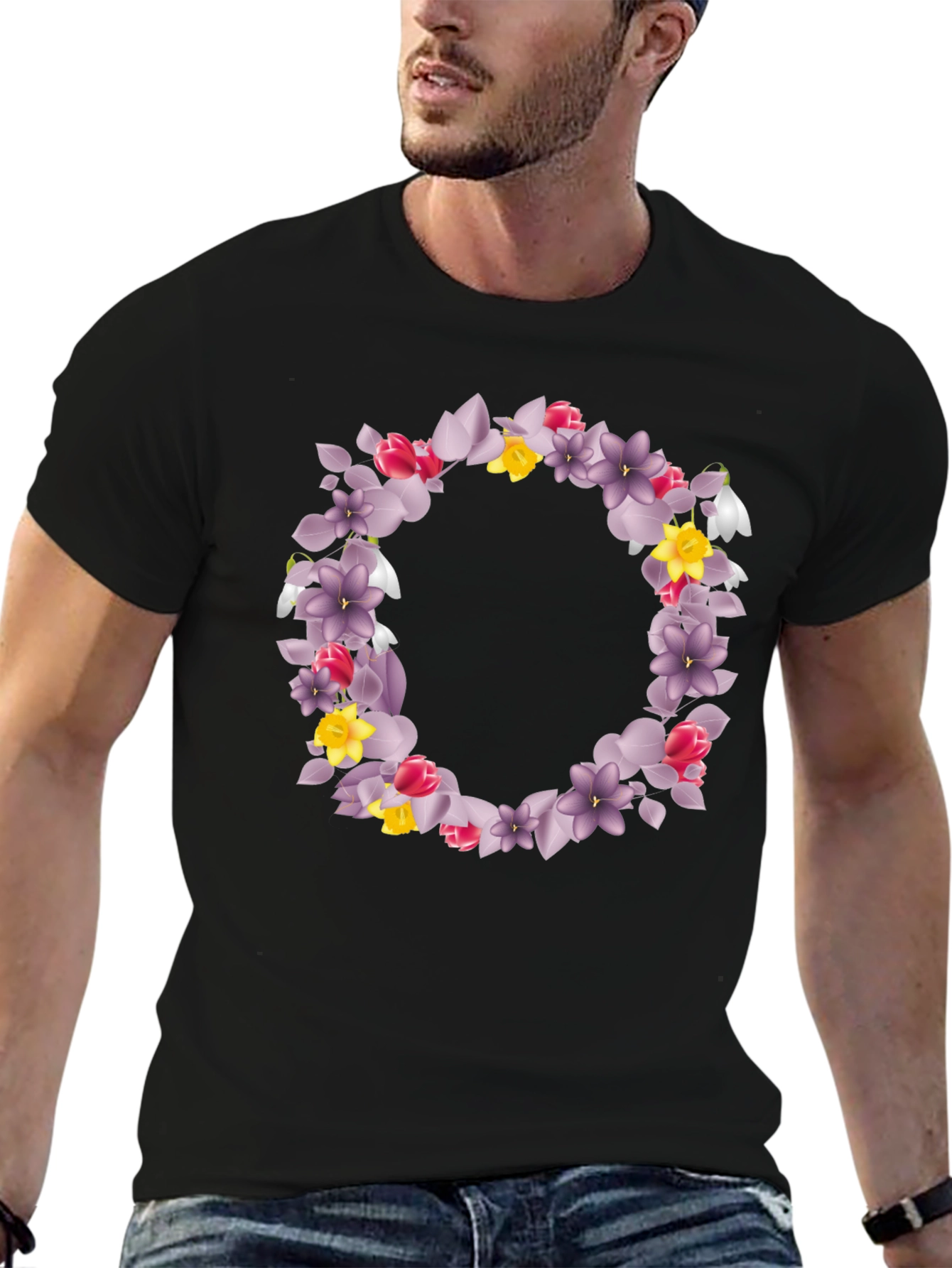 Floral Wreath Graphic Black T-Shirt