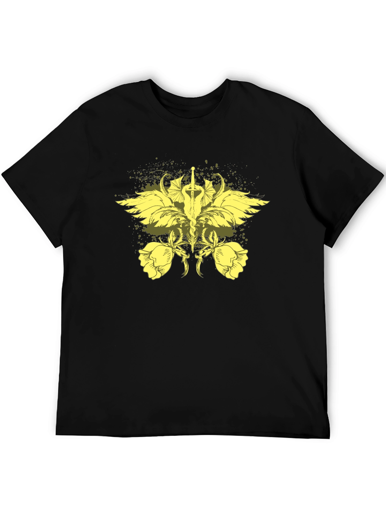 Black T-Shirt with Artistic Sword and Wing Design