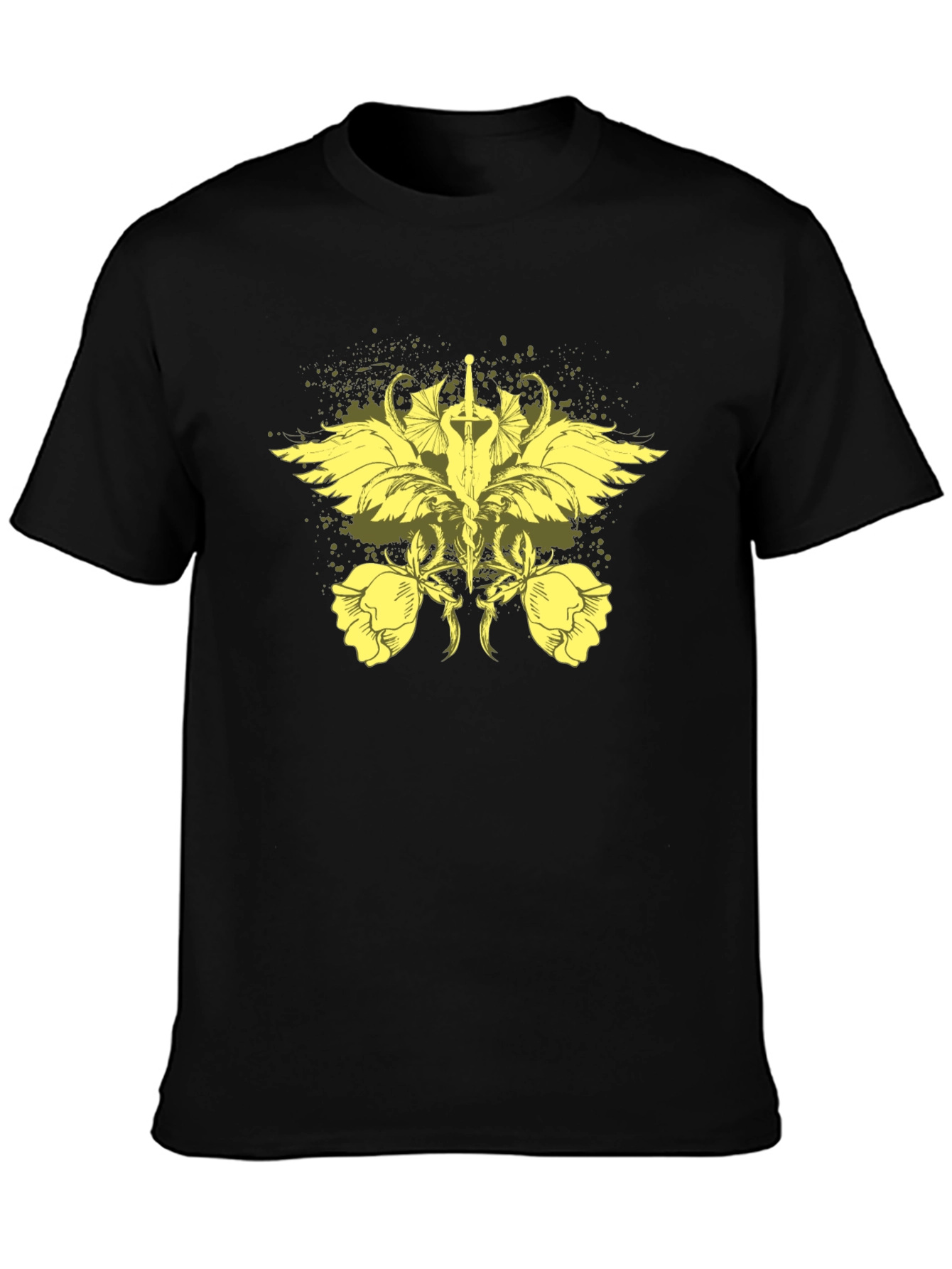 Black T-Shirt with Artistic Sword and Wing Design