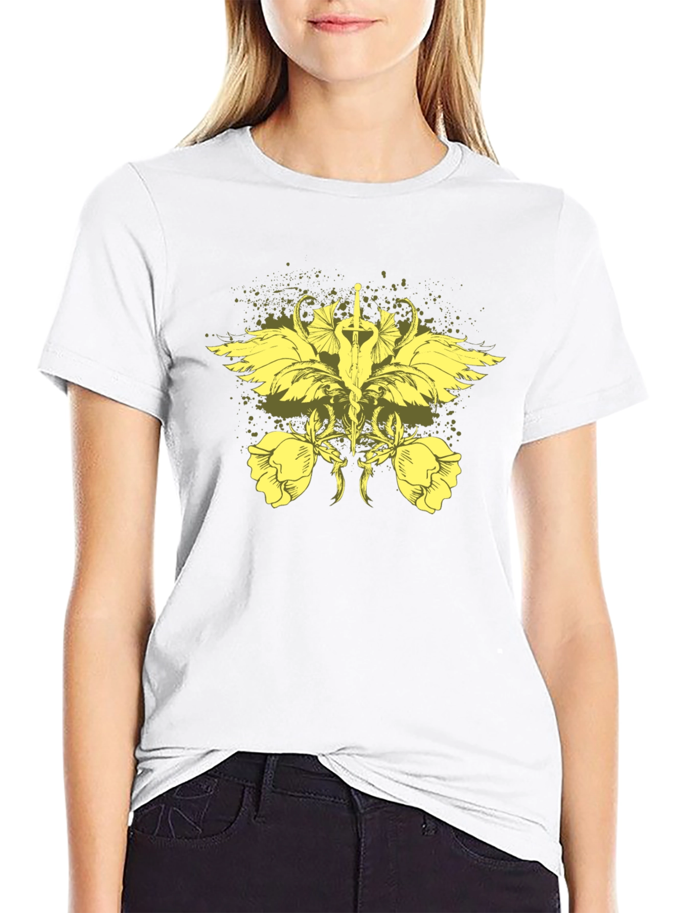 Black T-Shirt with Artistic Sword and Wing Design