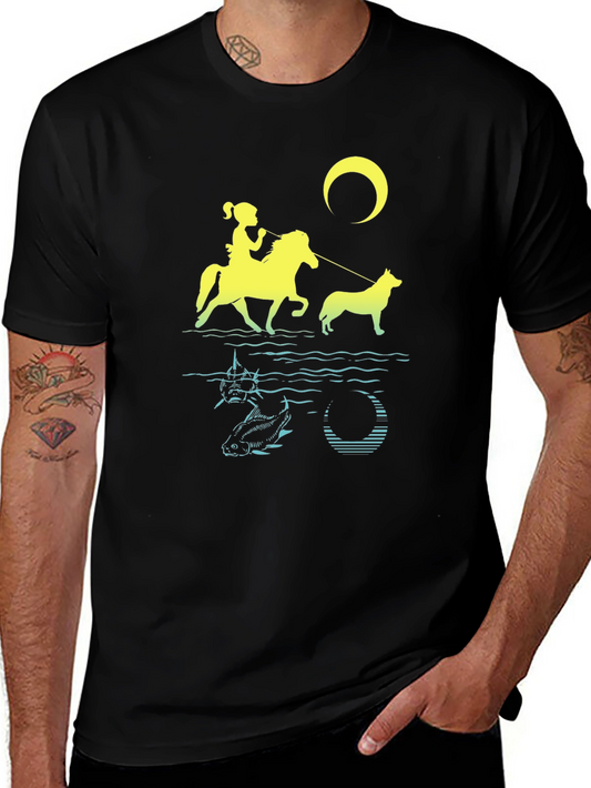 Silhouette Graphic T-Shirt: Girl Horse Dog & Crescent Moon