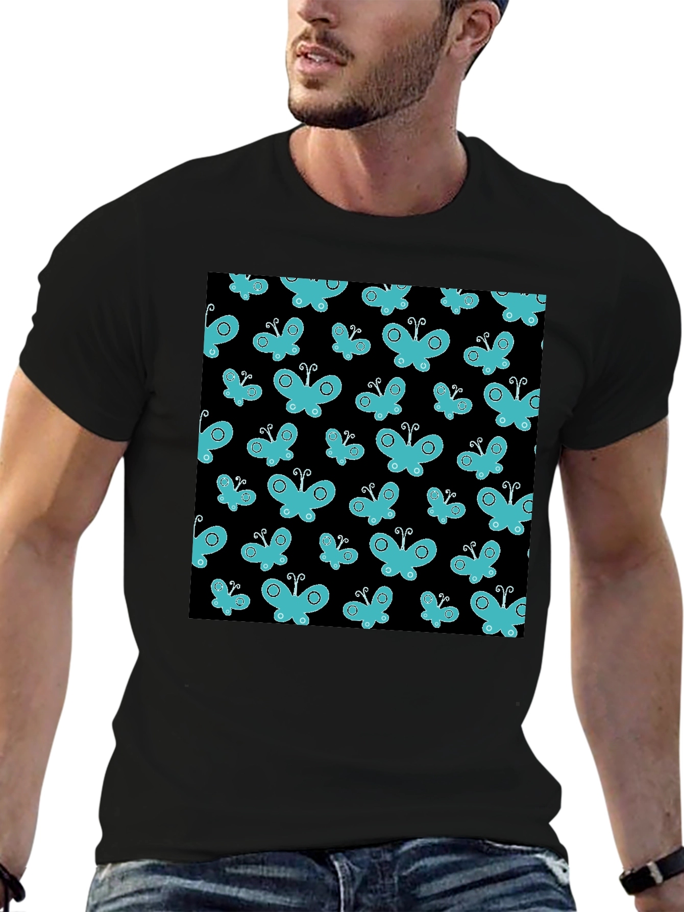 Butterfly Pattern T-Shirt - Black Cotton Tee