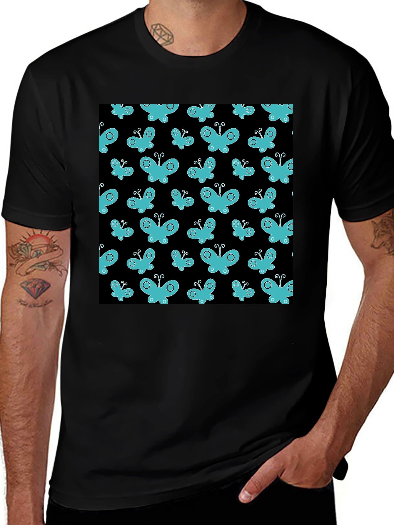 Butterfly Pattern T-Shirt - Black Cotton Tee