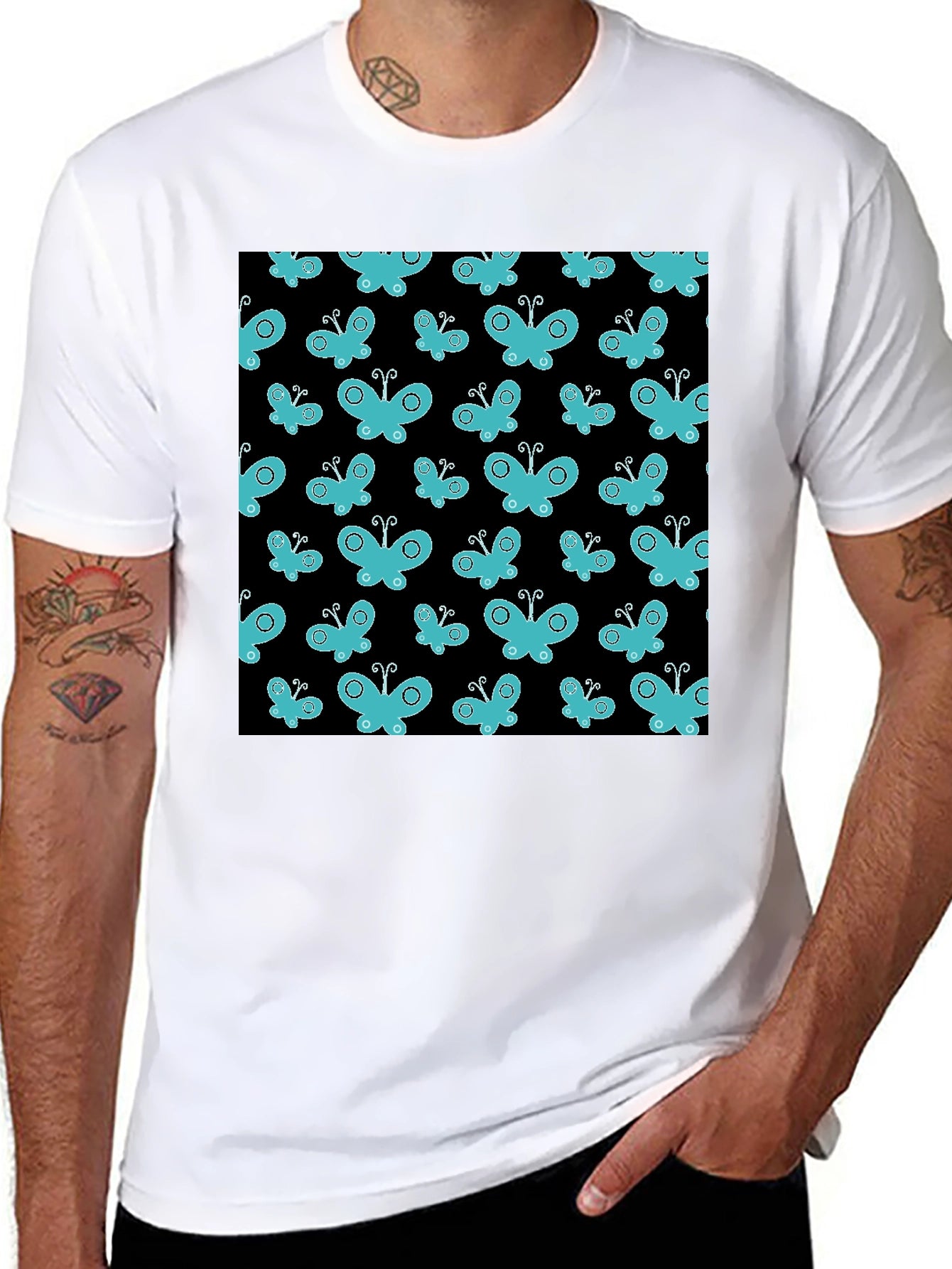 Butterfly Pattern T-Shirt - Black Cotton Tee