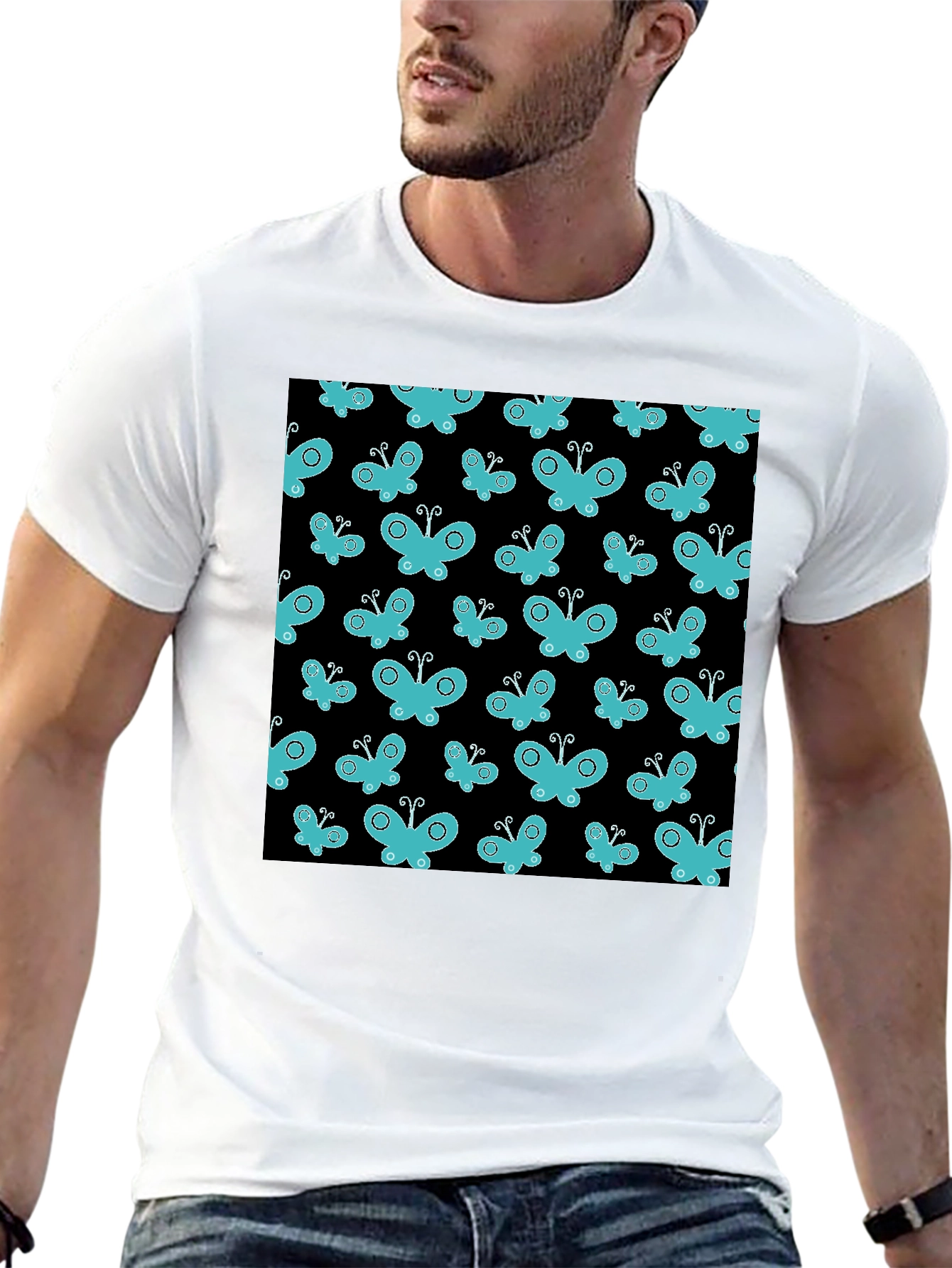 Butterfly Pattern T-Shirt - Black Cotton Tee