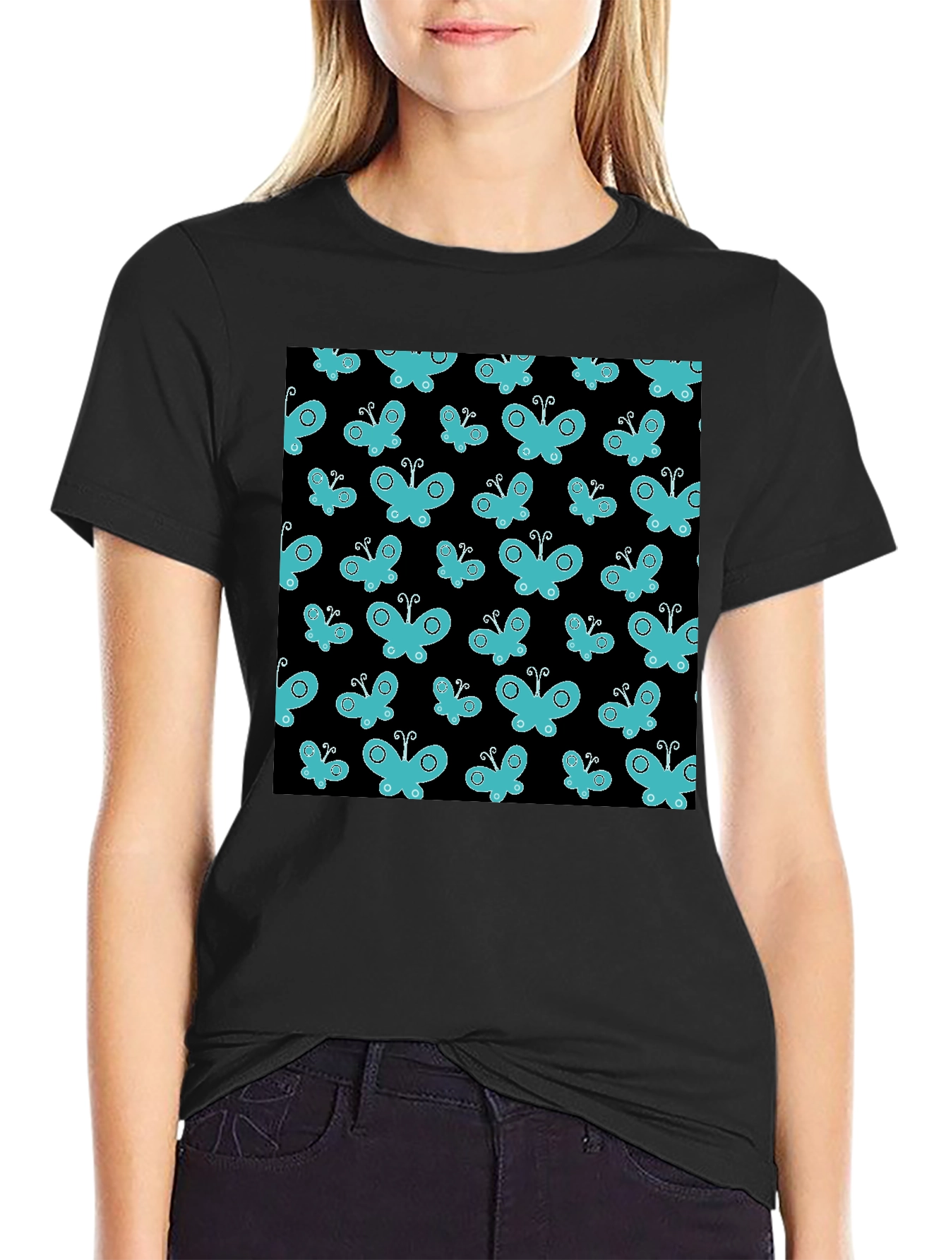Butterfly Pattern T-Shirt - Black Cotton Tee