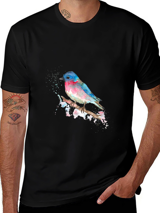 Watercolor Bird Print Black T-Shirt