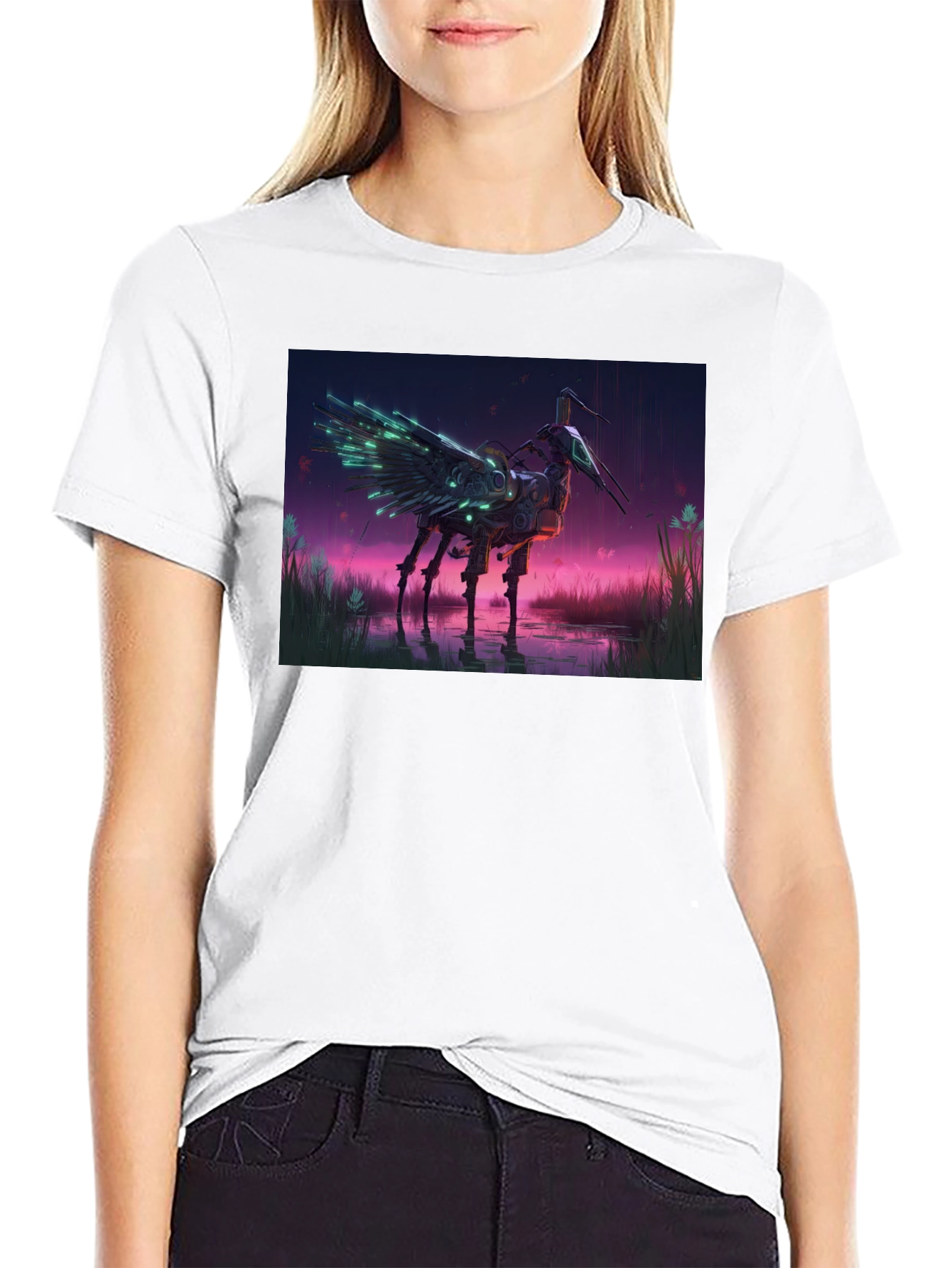 Cybernetic Crane T-Shirt: Sci-Fi Bird Art