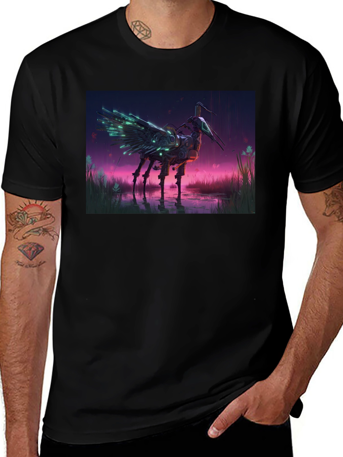 Cybernetic Crane T-Shirt: Sci-Fi Bird Art