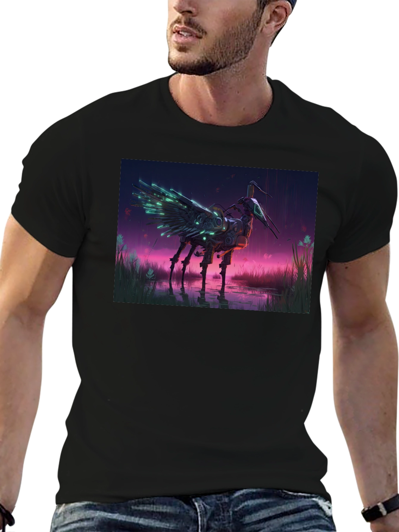 Cybernetic Crane T-Shirt: Sci-Fi Bird Art
