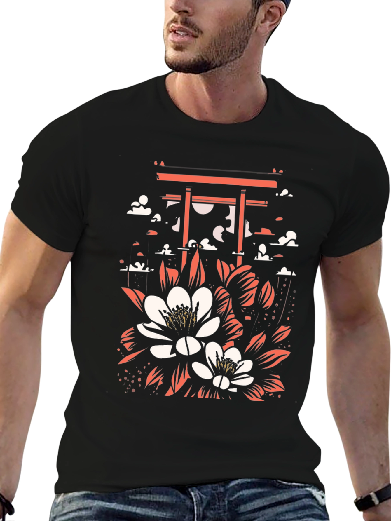 Floral Gate Graphic Tee - Black Cotton T-Shirt