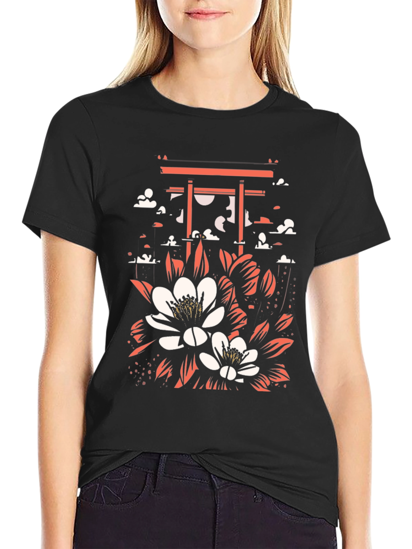 Floral Gate Graphic Tee - Black Cotton T-Shirt