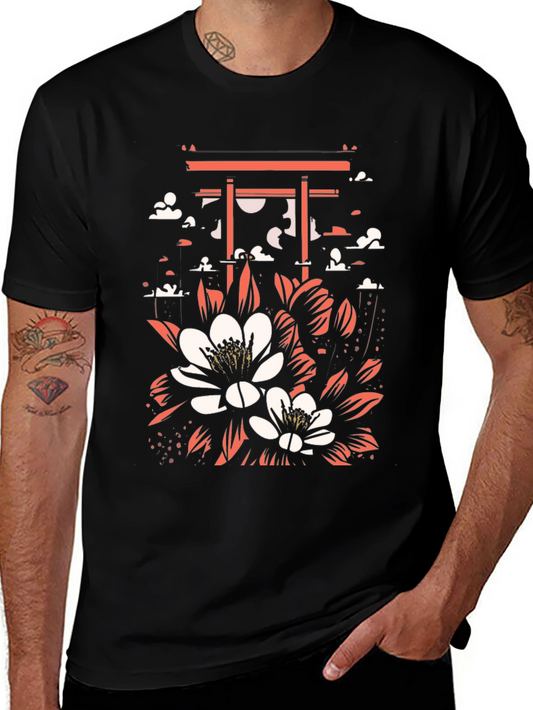 Floral Gate Graphic Tee - Black Cotton T-Shirt