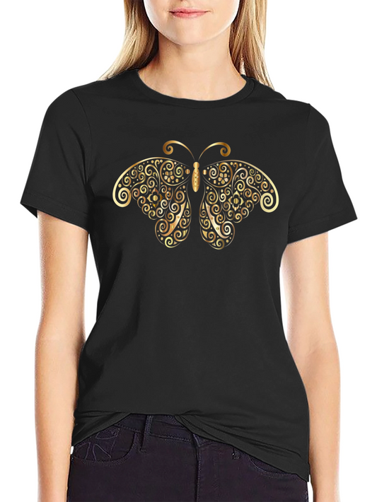 Golden Butterfly Graphic Tee - Black Cotton Shirt