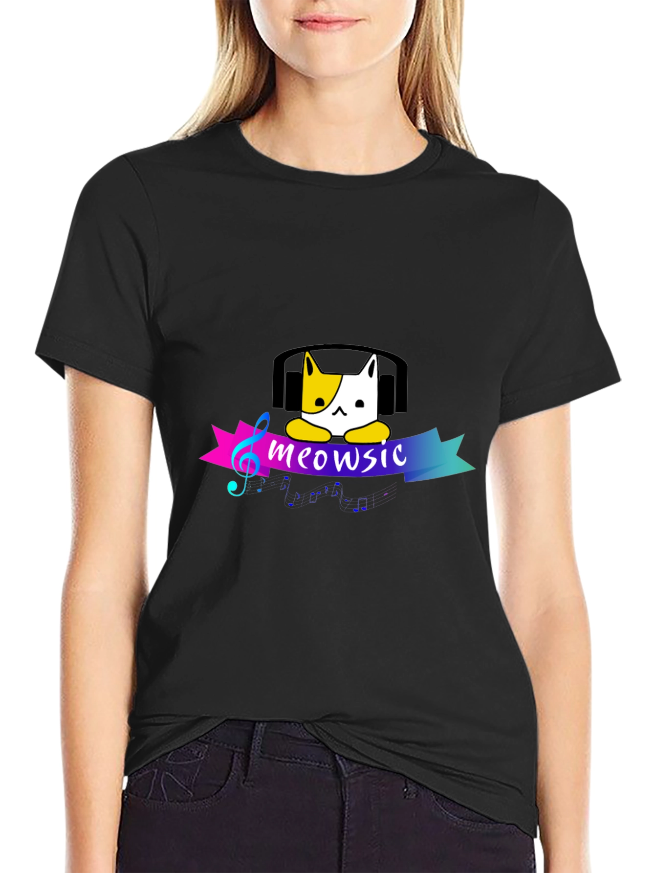 Meowsic Cat Headphones Graphic Tee