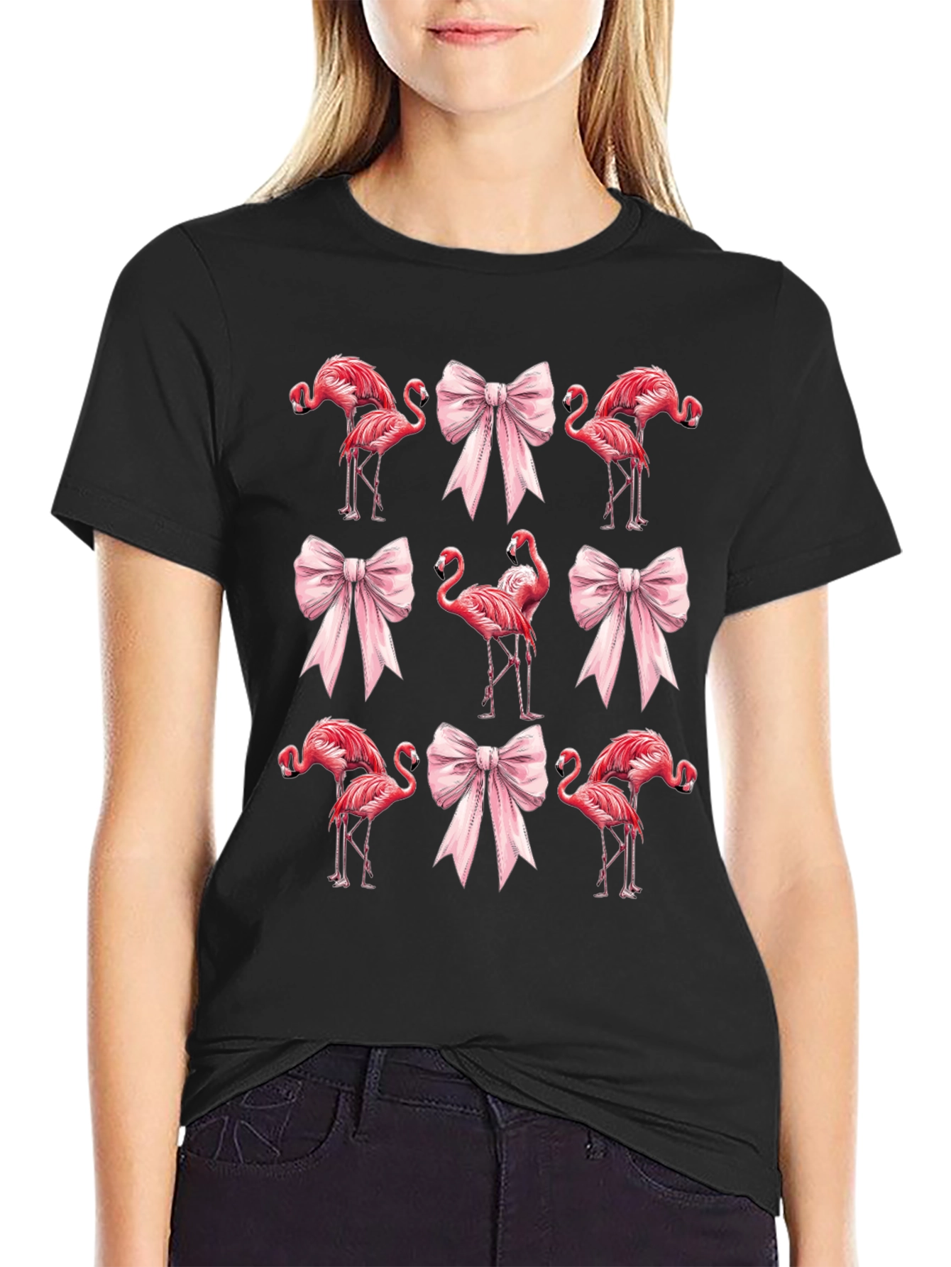 Flamingo & Bow Graphic Tee - Quirky Casual Wear