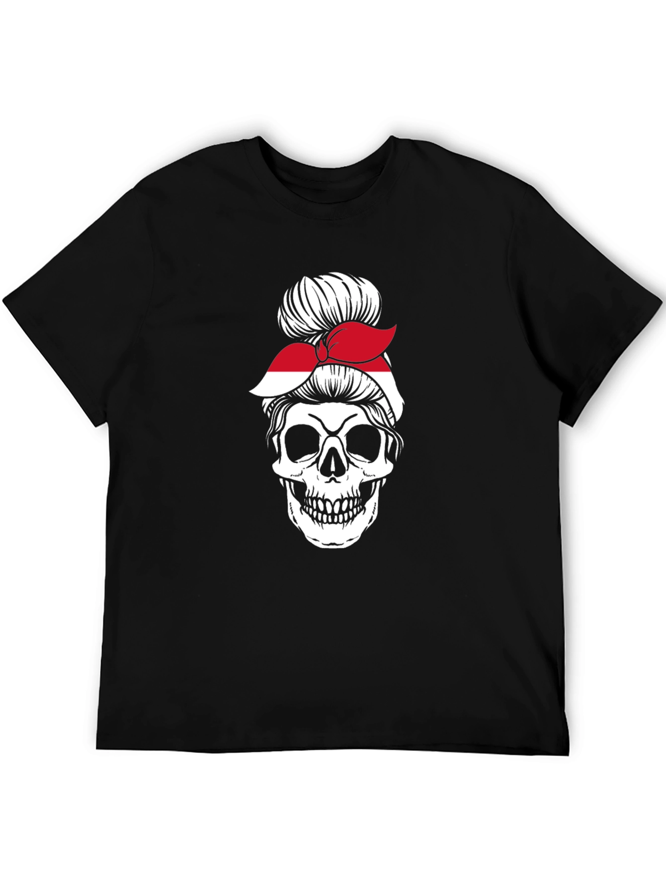 Skull Messy Bun Indonesia Flag T-Shirt