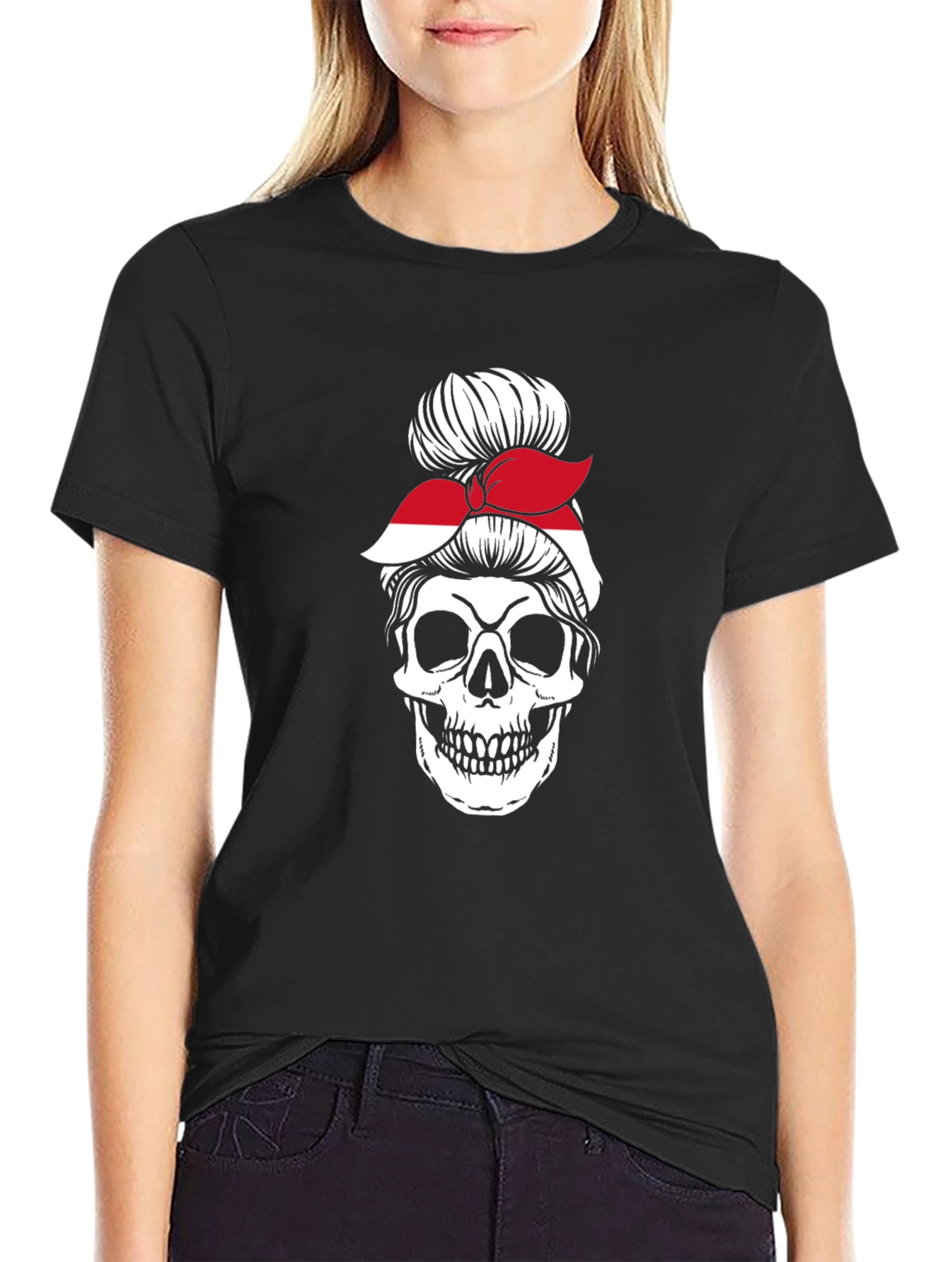 Skull Messy Bun Indonesia Flag T-Shirt