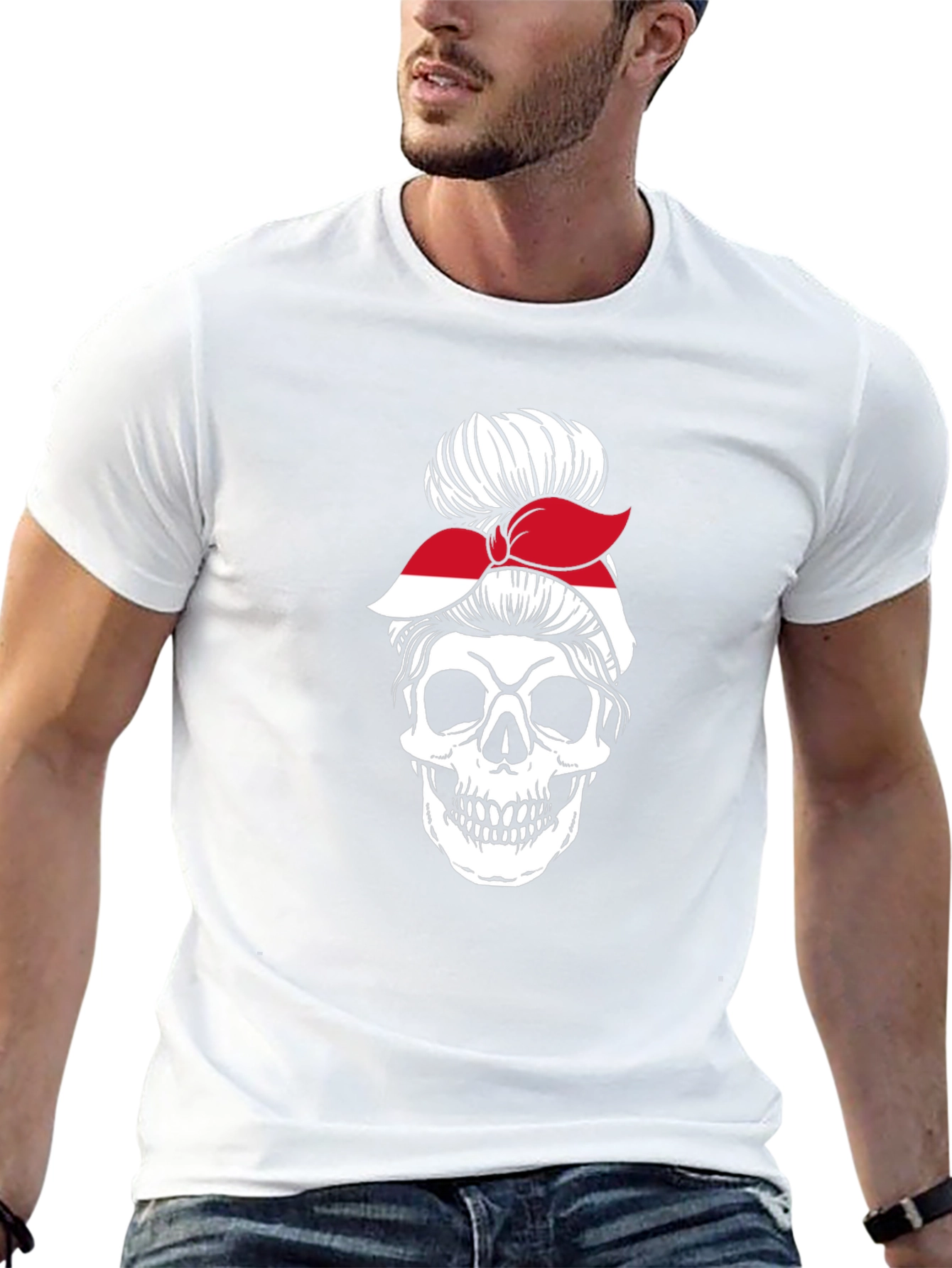 Skull Messy Bun Indonesia Flag T-Shirt