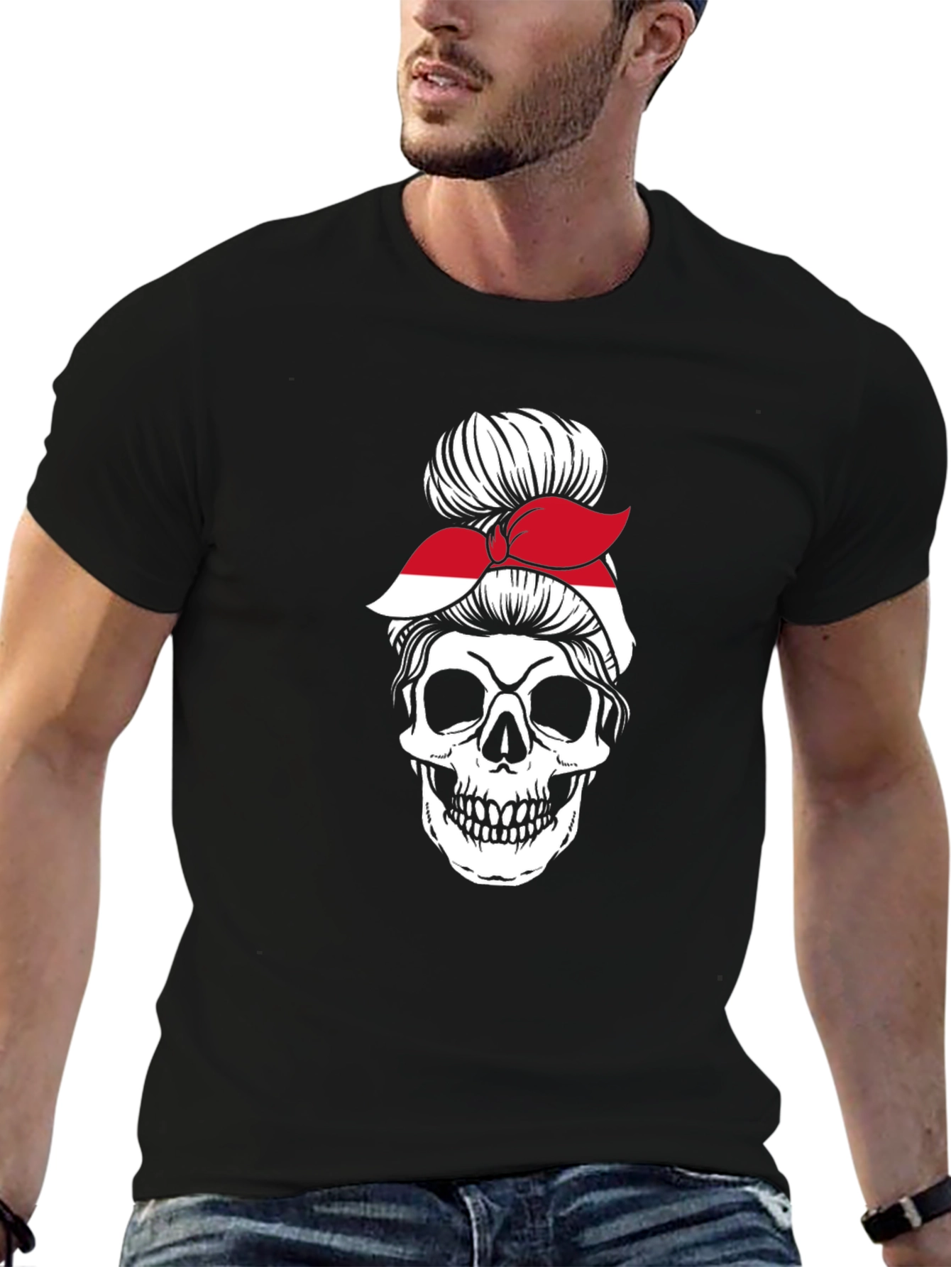 Skull Messy Bun Indonesia Flag T-Shirt