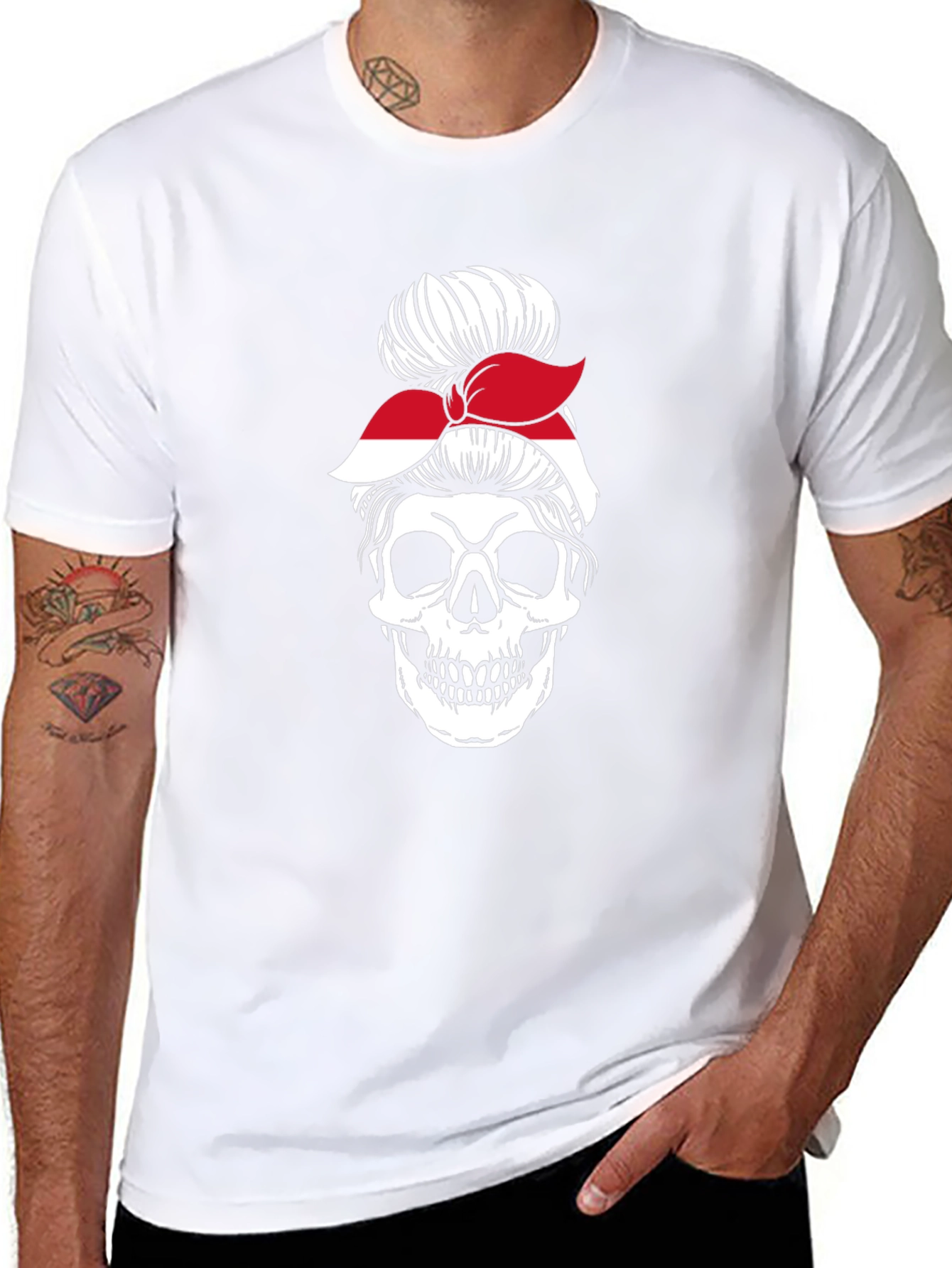Skull Messy Bun Indonesia Flag T-Shirt