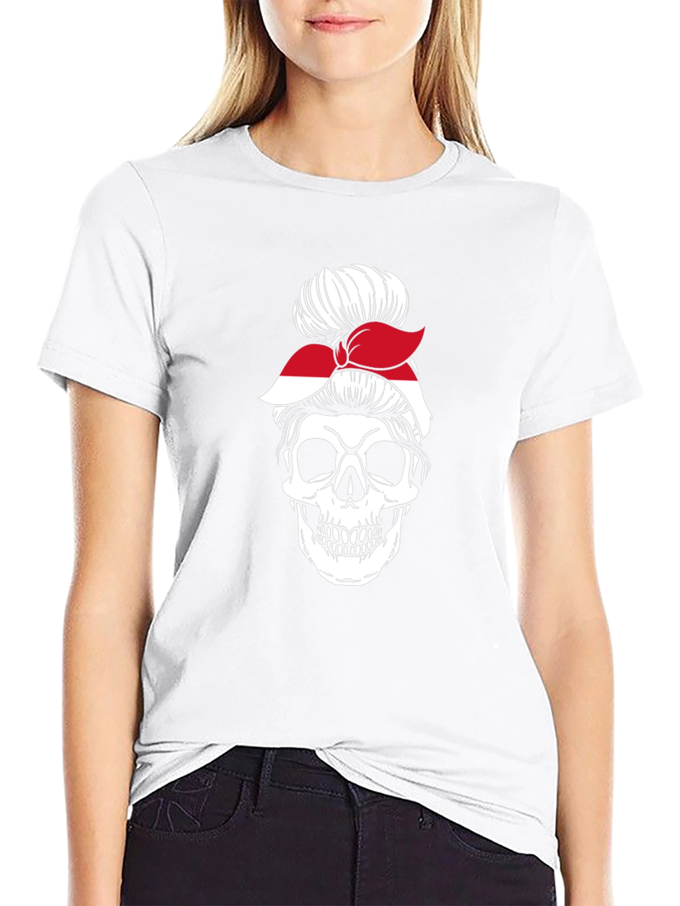 Skull Messy Bun Indonesia Flag T-Shirt