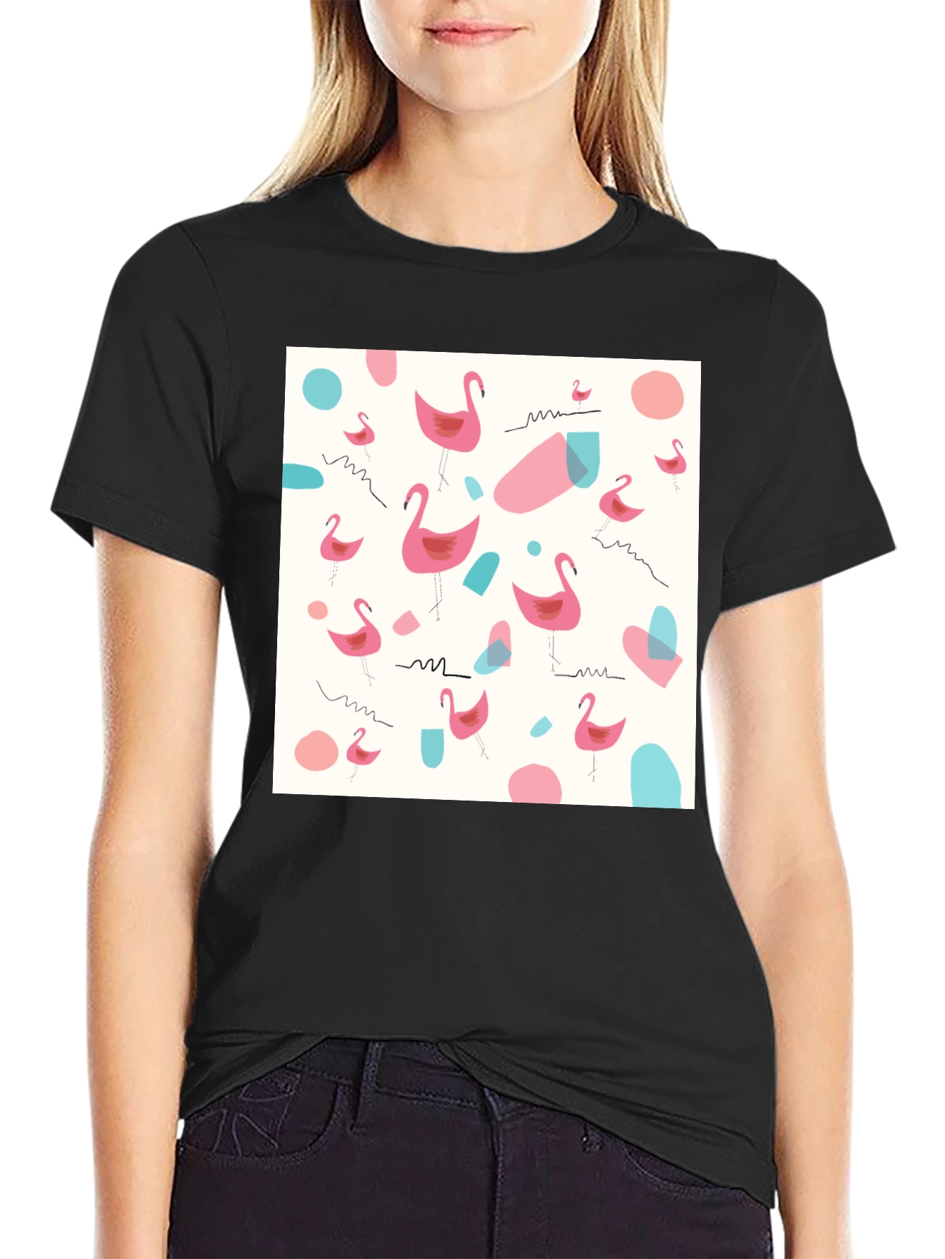 Fun Flamingo Pattern Black T-Shirt