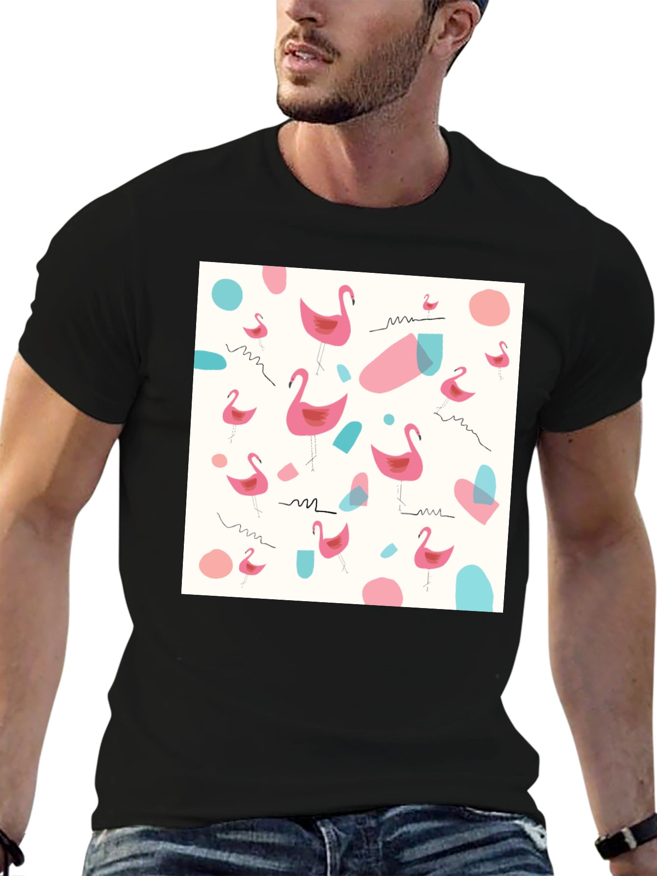 Fun Flamingo Pattern Black T-Shirt