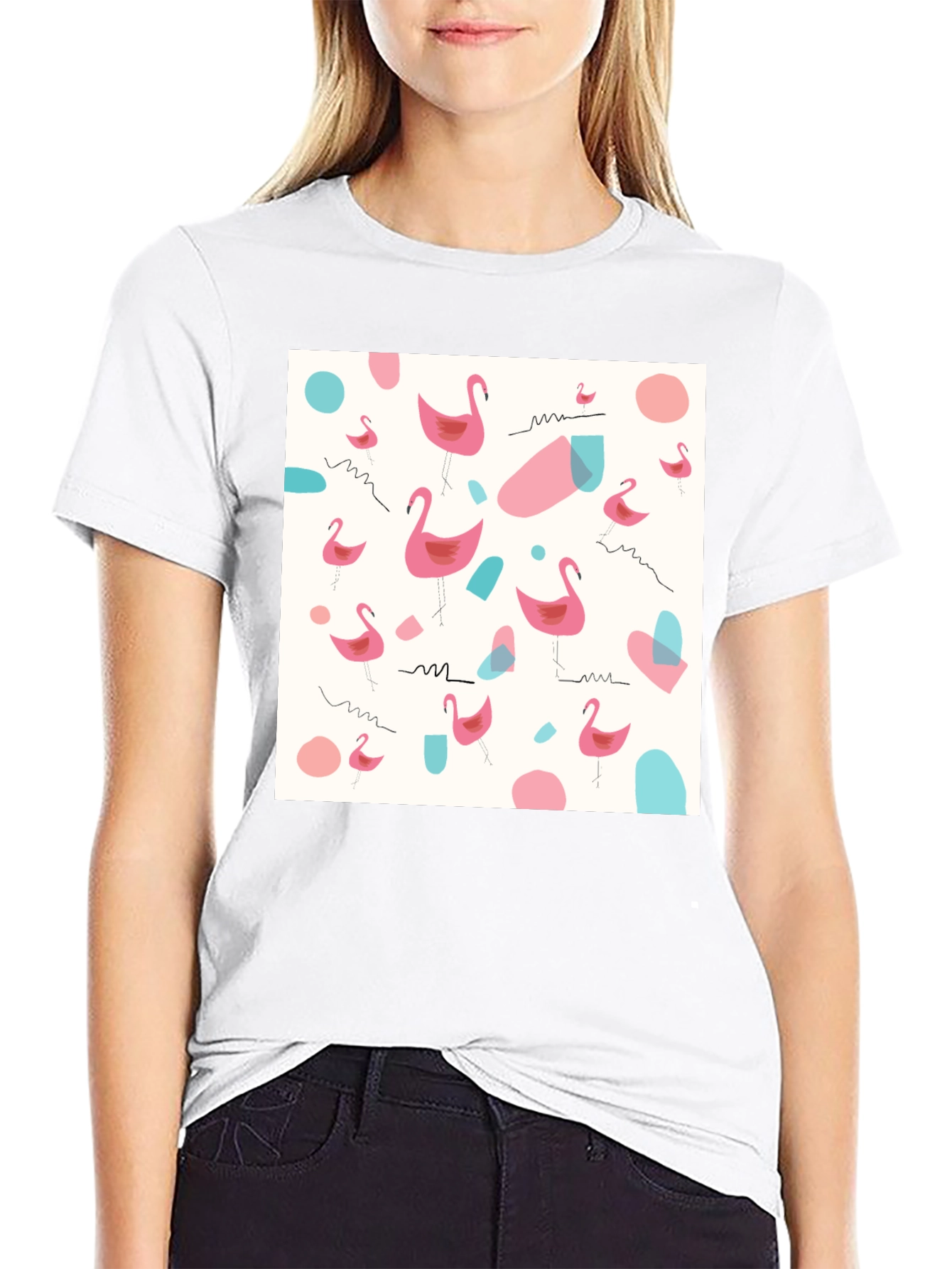 Fun Flamingo Pattern Black T-Shirt