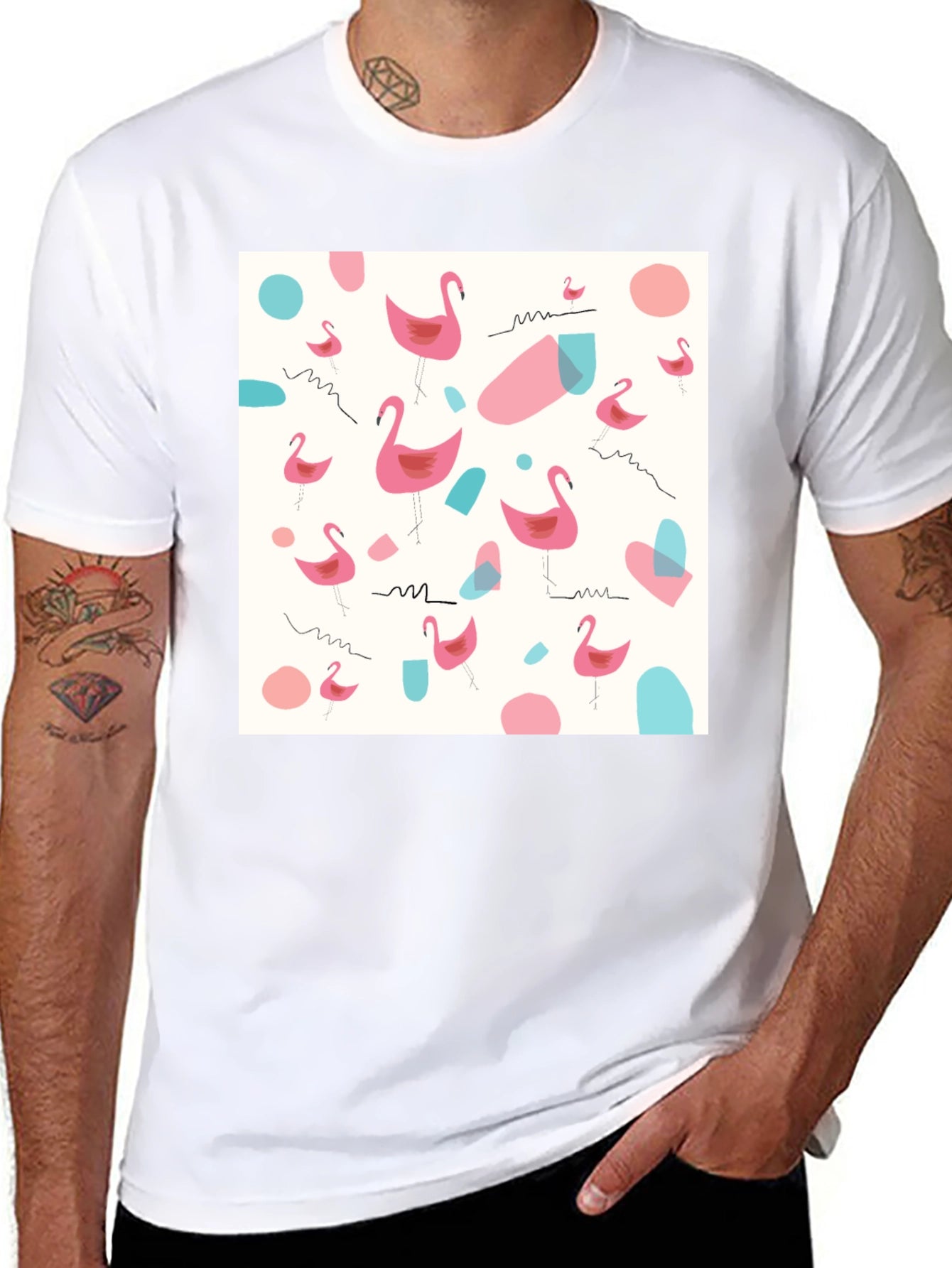 Fun Flamingo Pattern Black T-Shirt