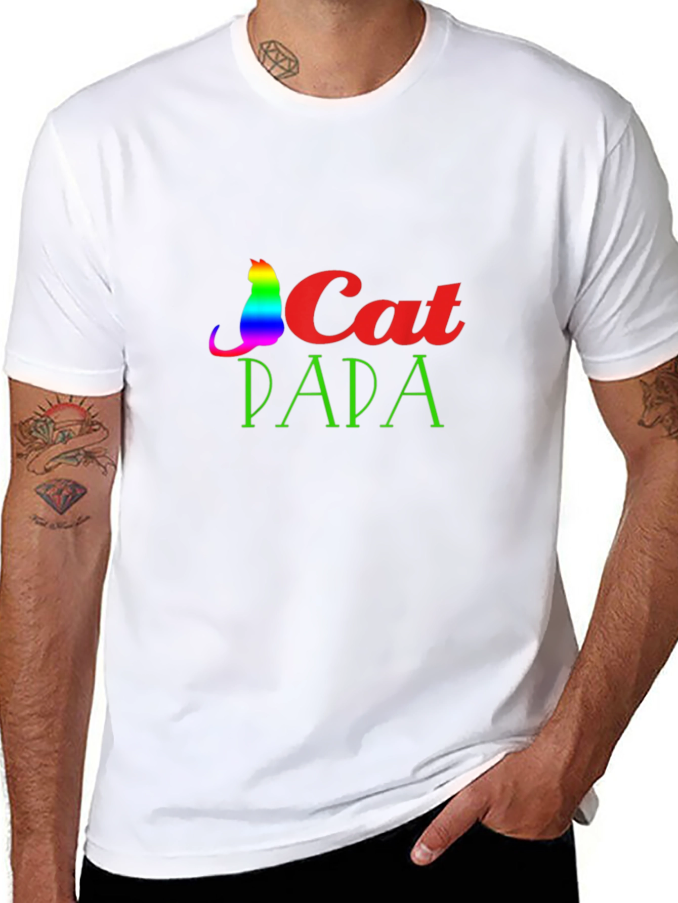 Cat Papa Graphic T-Shirt - Rainbow Cat Dad Tee