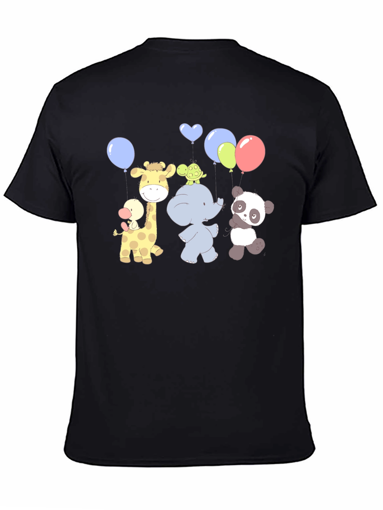 Cute Cartoon Animal Balloons Graphic Black T-Shirt