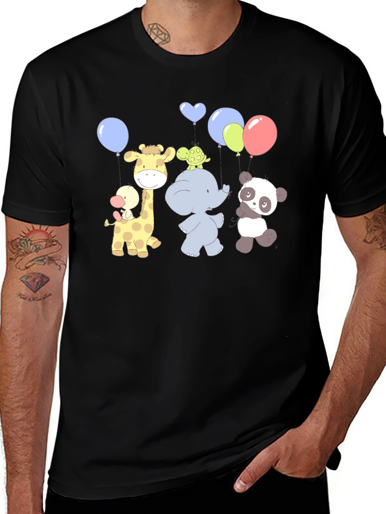 Cute Cartoon Animal Balloons Graphic Black T-Shirt