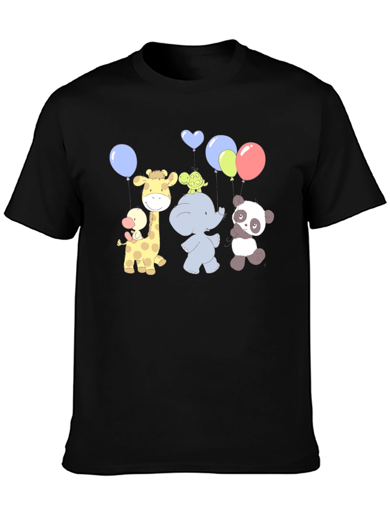 Cute Cartoon Animal Balloons Graphic Black T-Shirt