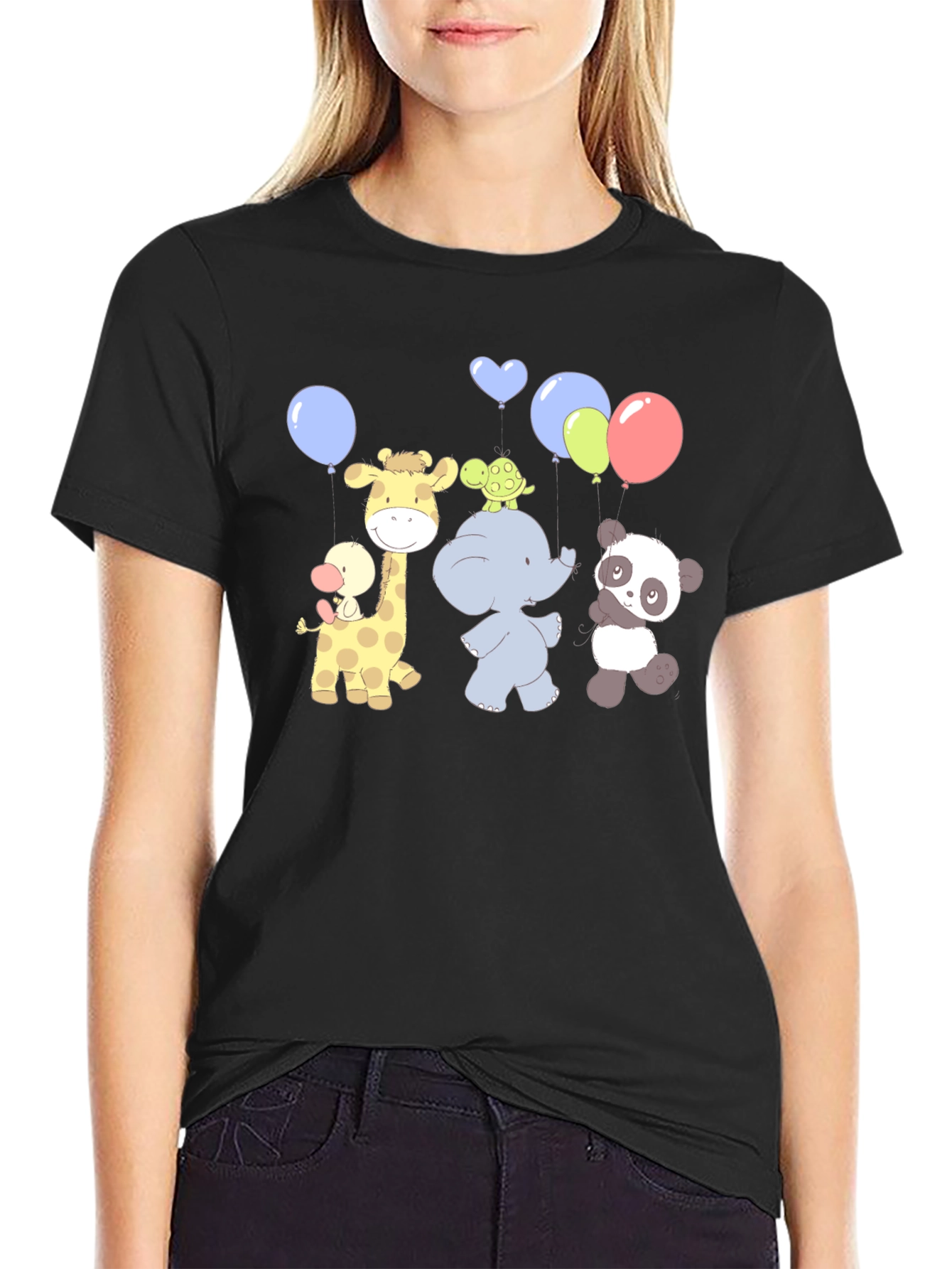 Cute Cartoon Animal Balloons Graphic Black T-Shirt