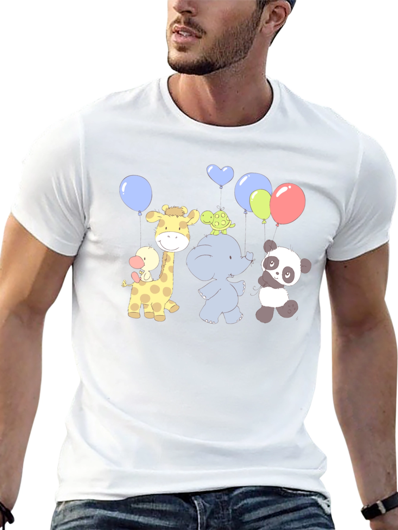Cute Cartoon Animal Balloons Graphic Black T-Shirt