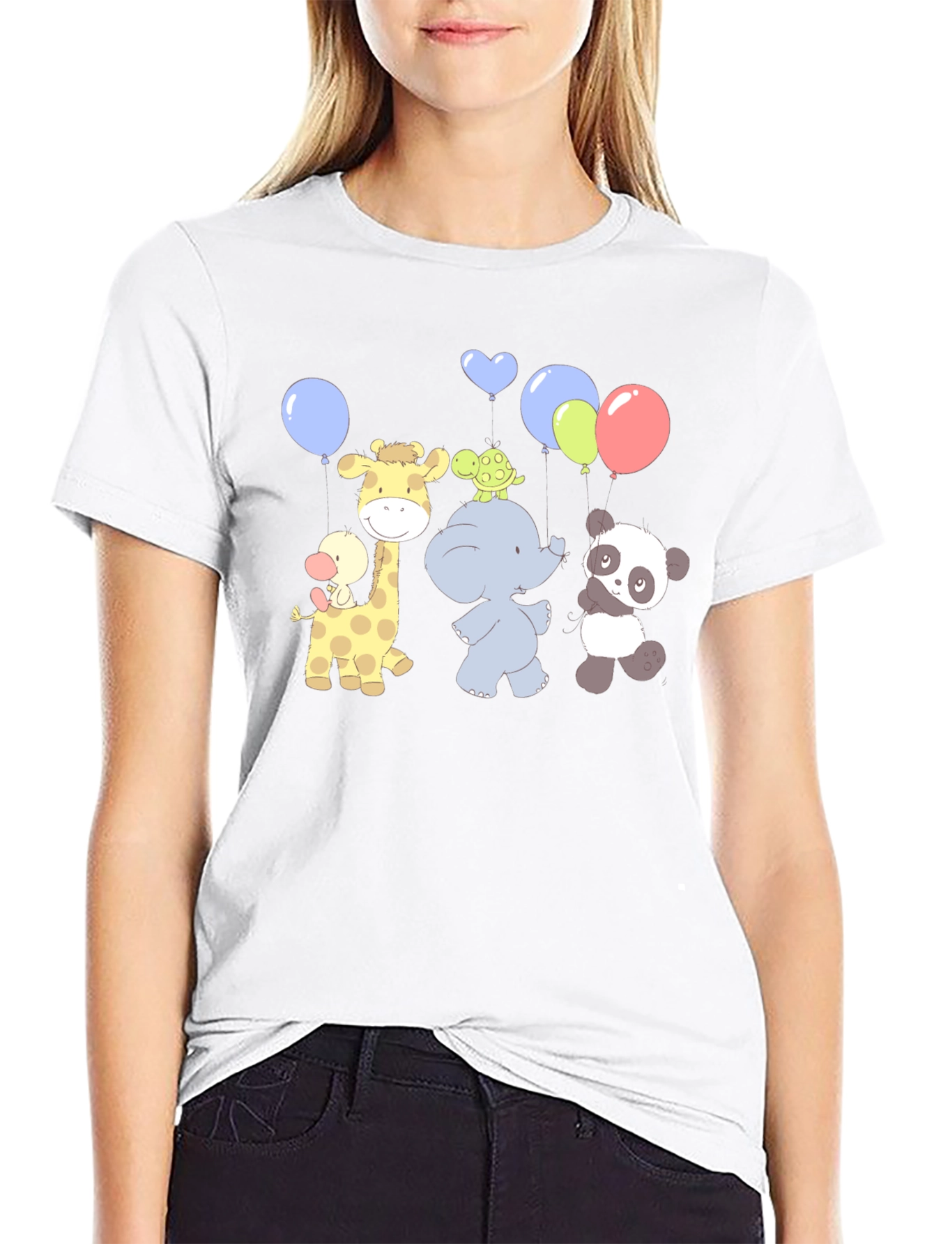 Cute Cartoon Animal Balloons Graphic Black T-Shirt
