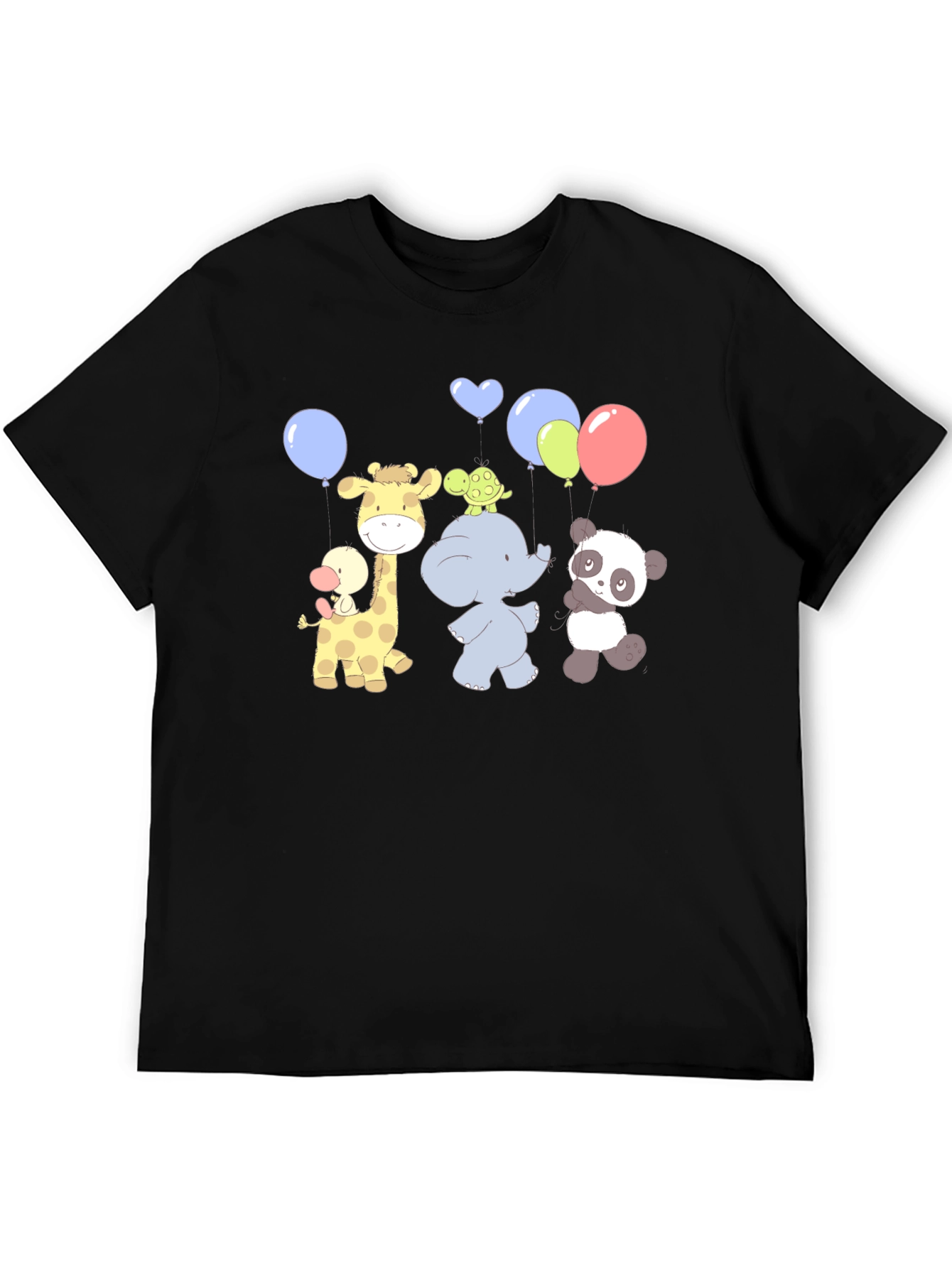 Cute Cartoon Animal Balloons Graphic Black T-Shirt