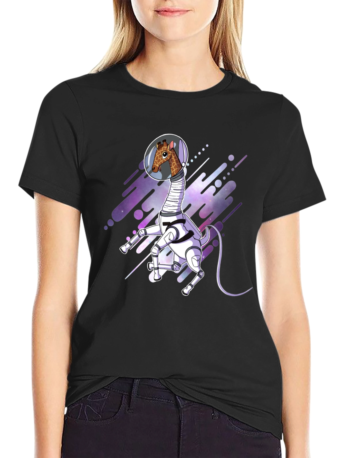 Giraffe Astronaut Black T-Shirt