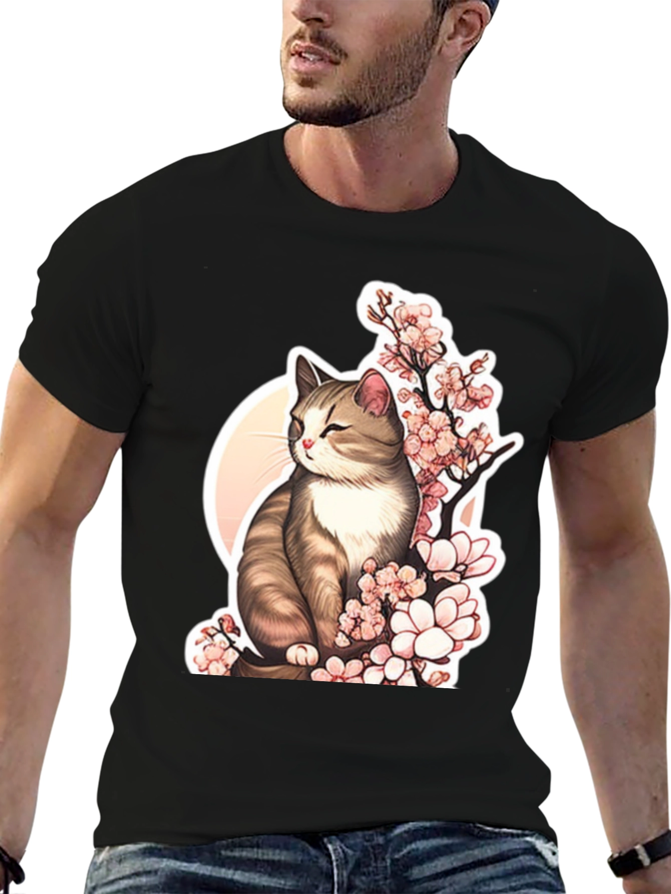Cat & Cherry Blossom T-Shirt: Black Cotton Tee